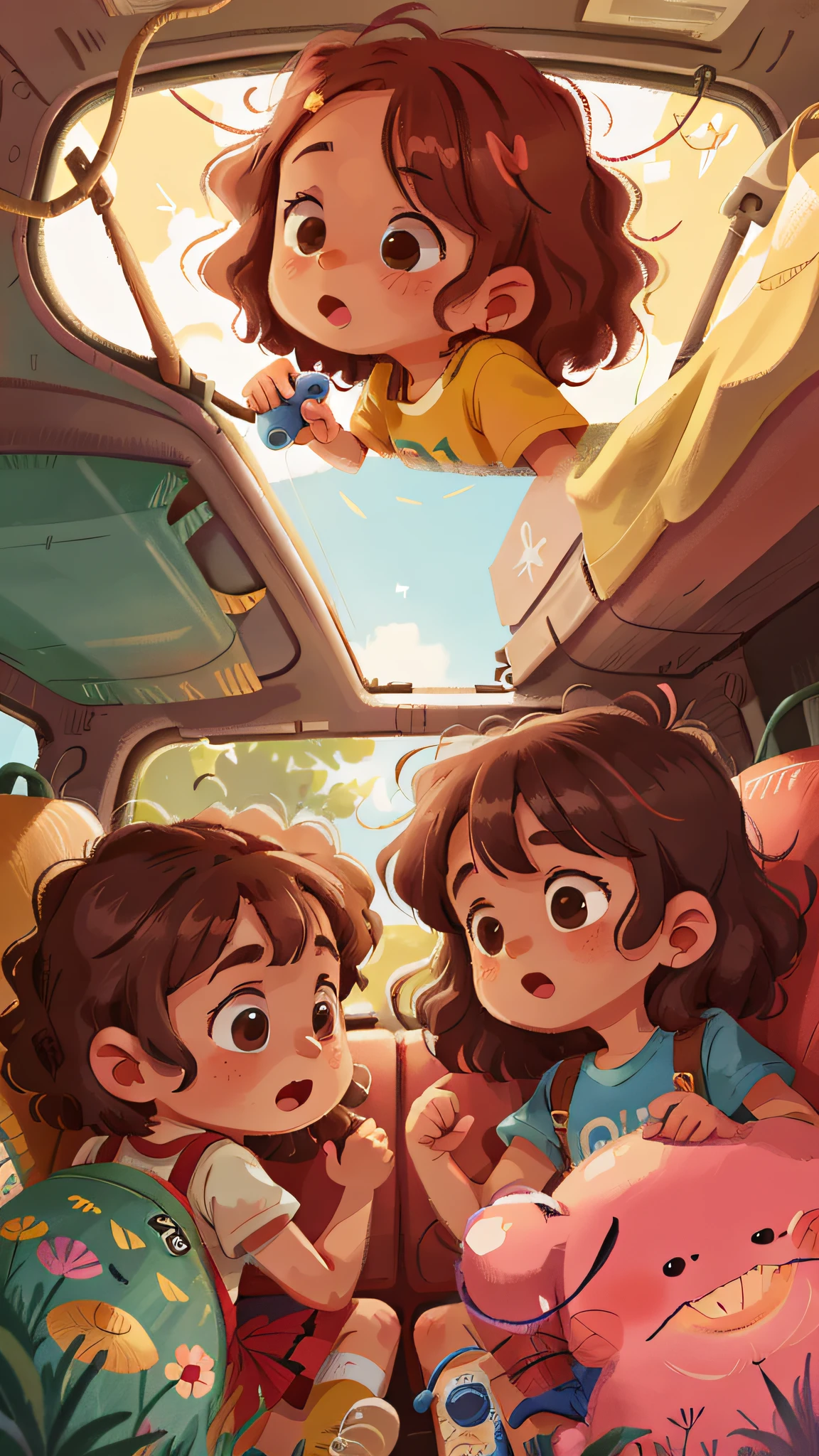 Two girls, twins, curly brown hair, in a car
