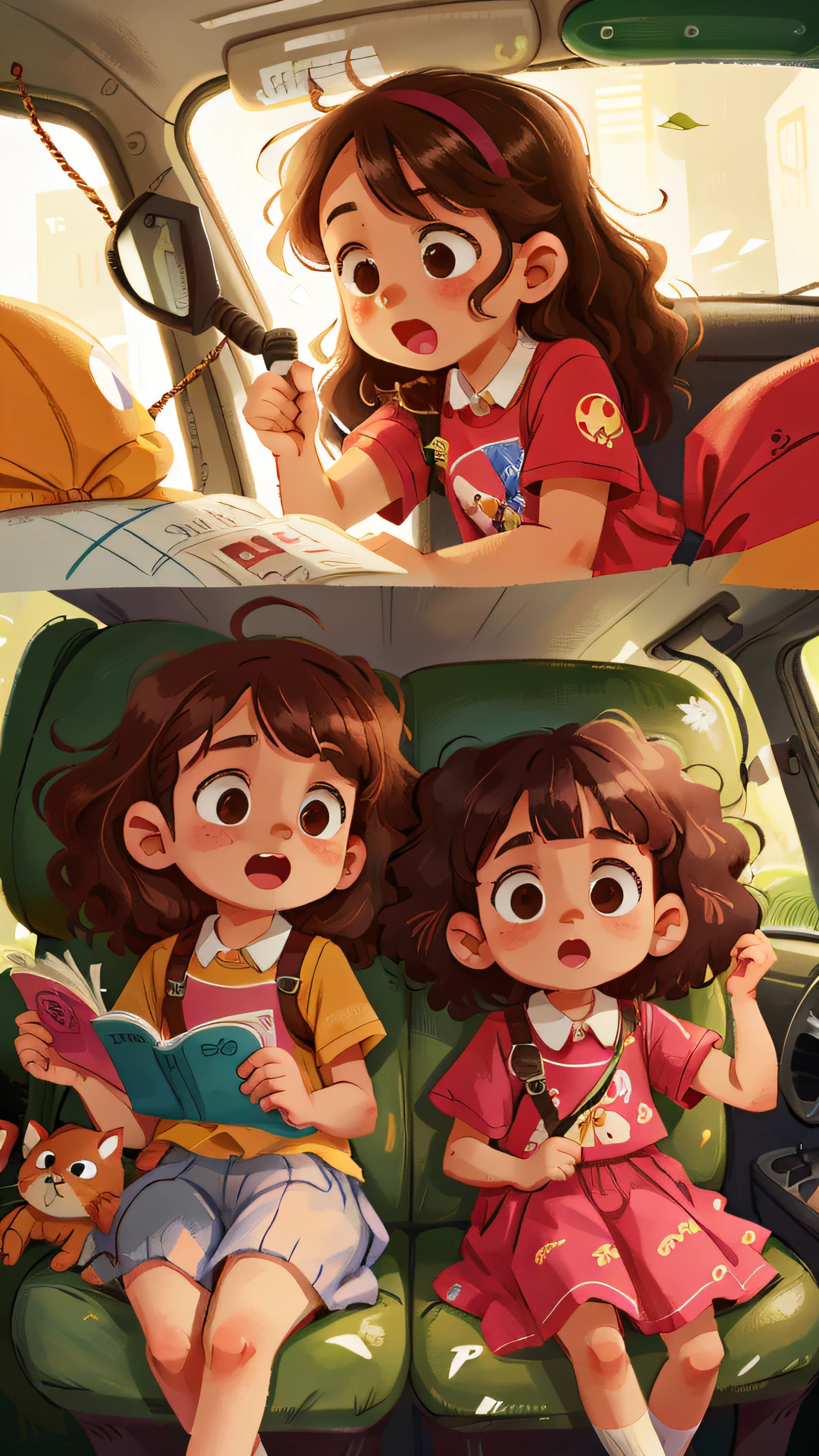 Two girls, twins, curly brown hair, in a car