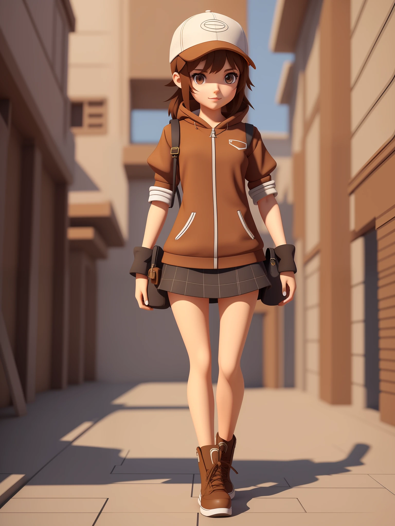 girl, a cartoon character wearing a light brown cap, (((brown eyes)))), stylized character, animation character, stylized 3d render, 3d character, highly detailed character, stylized anime, stylized 3d, render character, character model, full body
