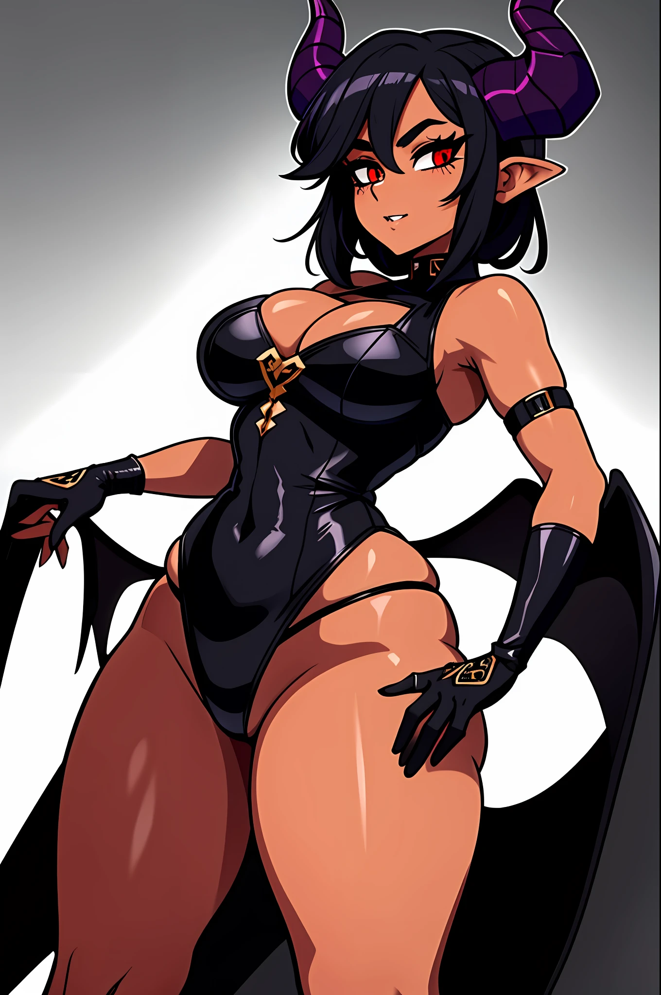 A demonios woman, with black demonic wings, beautiful and well detailed face, detailed hair, with two small horns, medium height detailed black eye, standing looking forward, huge breasts big thighs, deep in hell, fashionable clothes