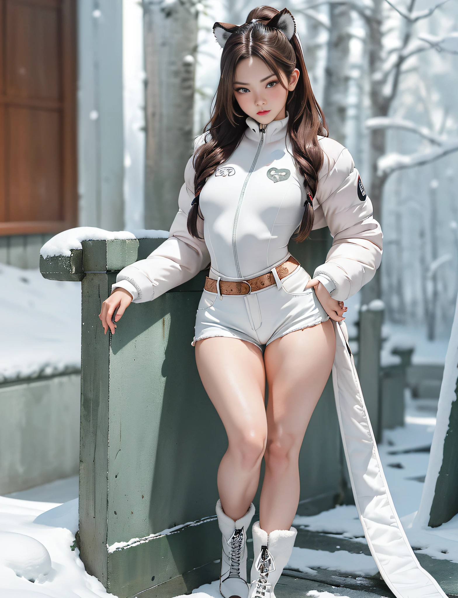 (very detailed RAW color photo), (1 girl), (alone), (15 years), (Goddess body), ((athletic)), ((very defined toned physique)), ((muscular body)), (very detailed perfect body), (small and defined breasts), (very defined curves), (superior quality, 8k, masterpiece: 1.3), sharp focus: 1.2, (extremely beautiful girl with perfect figure: 1.4), ((very thin waist: 1.2)), ultra detailed skin texture,  (smooth and soft skin), (ultra detailed fabric texture), (girl wearing a white snow jacket and white snow shorts with hiking boots), (extra long curly brown hair), (extra long ponytail with bangs), (very detailed and beautiful tiger ears), (hair on the face), (hair ribbon), dynamic pose, ((uniform leaves thighs exposed)),  ((ultra detailed and toned legs)), (ultra detailed waist), (very wide hips), (very thick and muscular thighs), (sexy), (extreme hourglass figure), (very thick heart lips), (red lipstick), (green eyes), ((angry look)), ((blush)), (makeup), (ultra defined waist), eye shadow, (full body shot), with snowy mountains in the distance, snow and trees