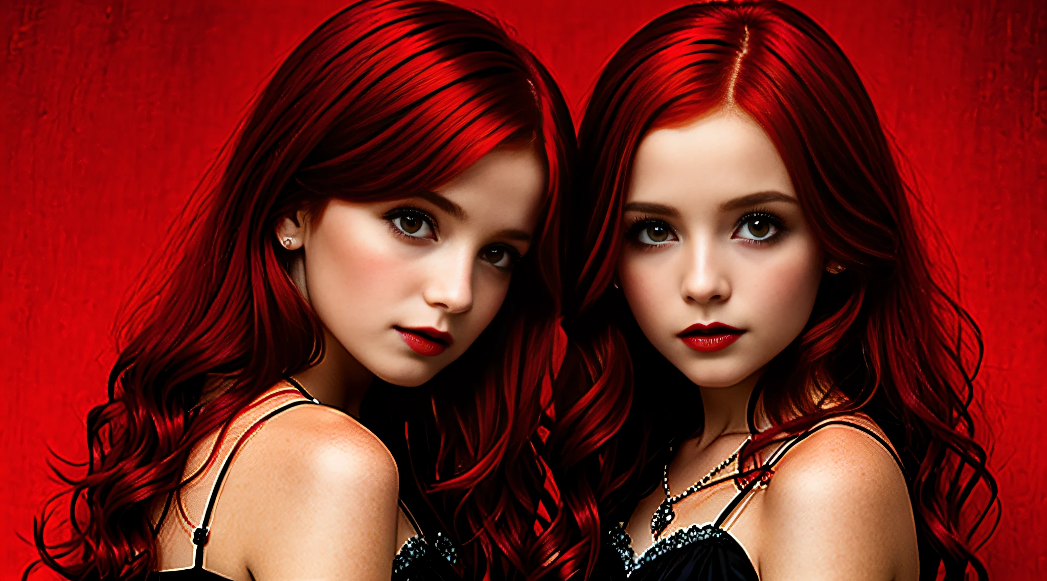 GIRLS VAMPIRE CHILDREN, RED EYES. AND RED HAIR, red background.