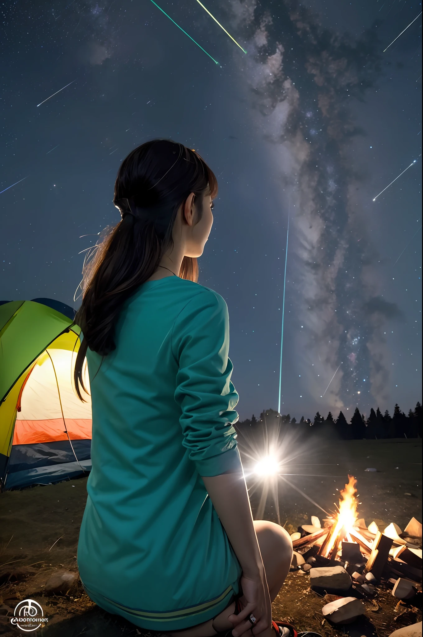 woman observing ( Orionids meteor shower),
Orionids meteor shower, beautiful,
woman, solo, camping, campfire, looking at the Orionids meteor shower,
from behind, from below,
outdoor,