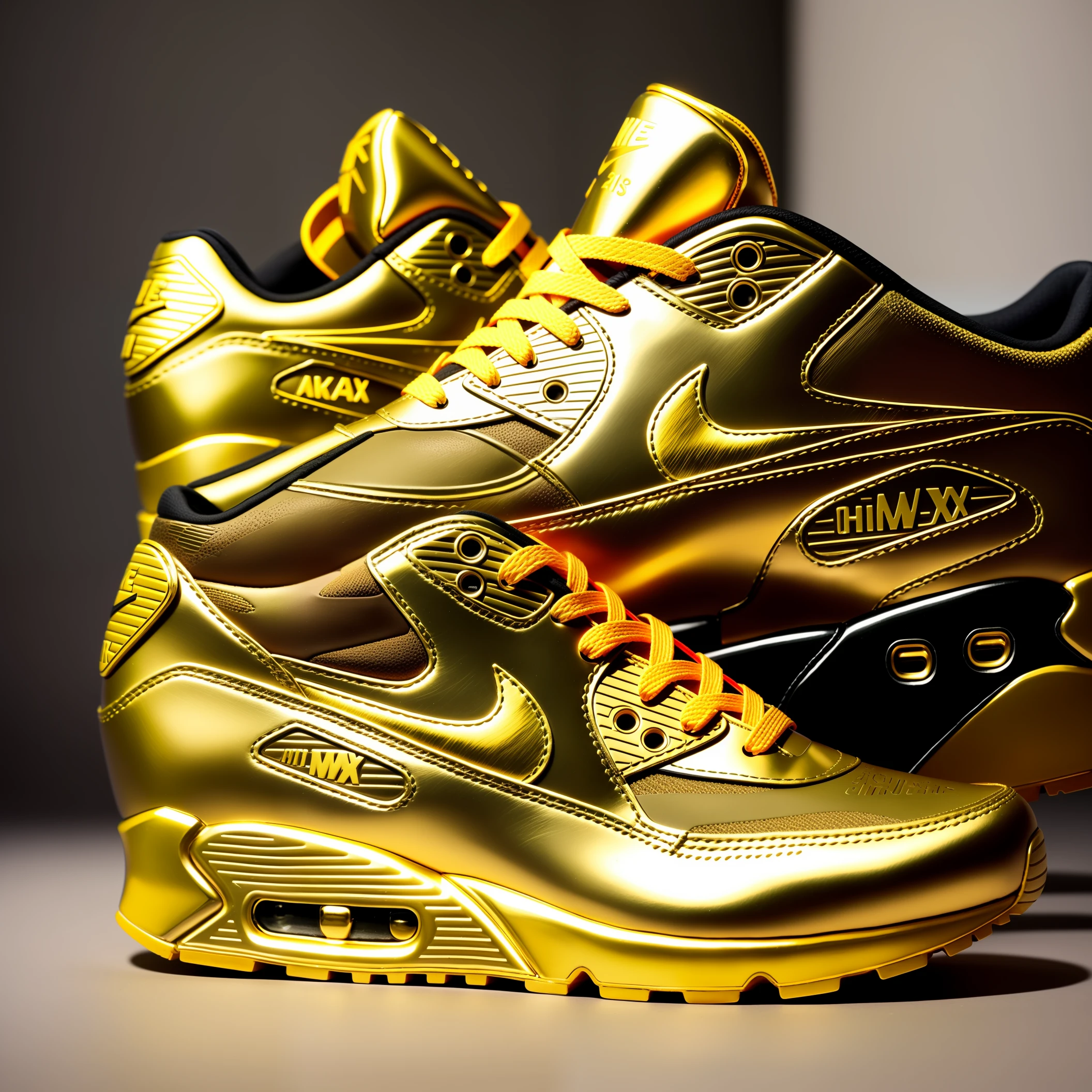 advertisement picture showcases a stunning pair of Egyptian Pharaoh inspired Nike Air Max 90. The shoes feature intricate hieroglyphic patterns, vibrant gold accents, and symbolic motifs reminiscent of ancient Egypt's rich heritage. The camera used for this shoot is a high-end DSLR with a full-frame sensor, capturing the shoes in exceptional detail and clarity. The settings for the camera include a wide aperture to create a shallow depth of field, highlighting the shoes as the main focal point. The lighting is strategically positioned to emphasize the golden accents, creating a captivating and luxurious visual effect. The composition presents the shoes from a dynamic angle, evoking a sense of power and style.