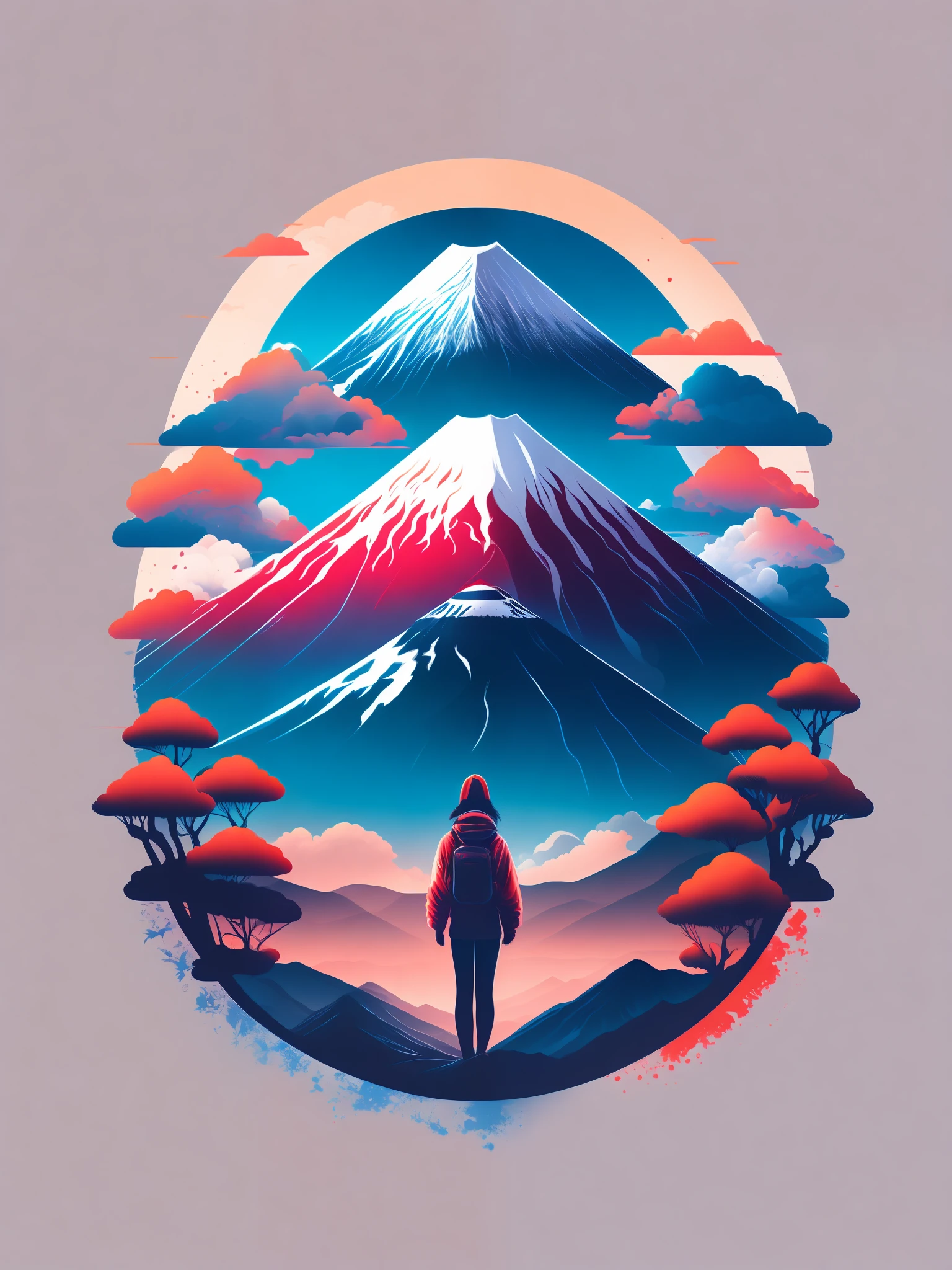 1 female face, 1 Mount fuji, t-shirt design, rzminjourney, vector art, colorfull