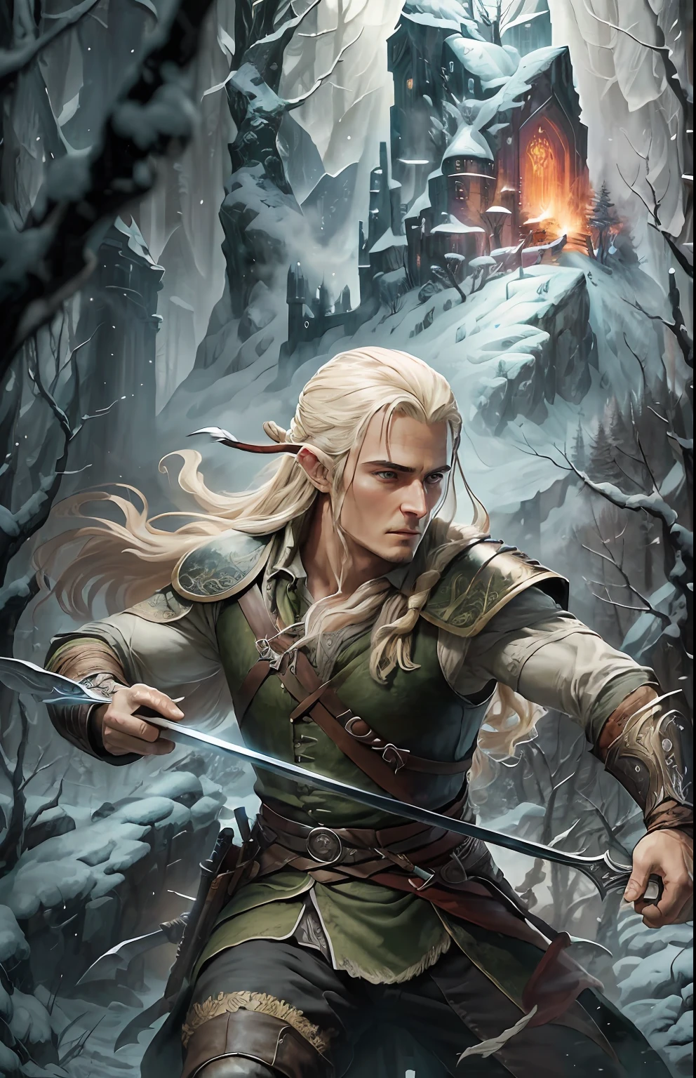 Subject: Legolas (portrayed by Orlando Bloom)
Action: Engaged in combat, slaying Orcs
Context: Battle scene
Environment: Dark forest
Lighting: Mysterious moonlight
Artist: Alan Lee
Style: Epic fantasy
Medium: Digital painting
Type: Action scene
Color Scheme: Cool tones with pops of vibrant colors
Computer Graphics: 3D rendering
Quality: High definition, detailed
Positive Prompt:
((best quality)), ((masterpiece)), ((realistic)), Legolas (portrayed by Orlando Bloom) skillfully slaying Orcs in a dynamic battle scene set in a dark forest. The lighting should evoke a mysterious atmosphere, illuminated by the soft glow of moonlight. The artwork should be created in the style of Alan Lee's epic fantasy illustrations, using digital painting techniques to capture the intensity of the action. The color scheme should consist of cool tones with vibrant accents. Employ 3D rendering for the computer graphics to enhance the depth and realism. Focus on high definition and intricate details to create a truly remarkable piece. --auto --s2