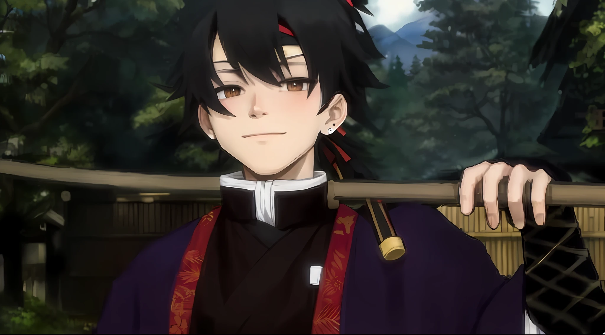 Forest scenery in a village, kimono with two red stripes having the black kimono but not too dark, dark purple eyes, light smile, black sash on the forehead, black hair covering the face a little, bands on the hands, gold earrings, katana on the left hand, scar on the right cheek, boy, anime