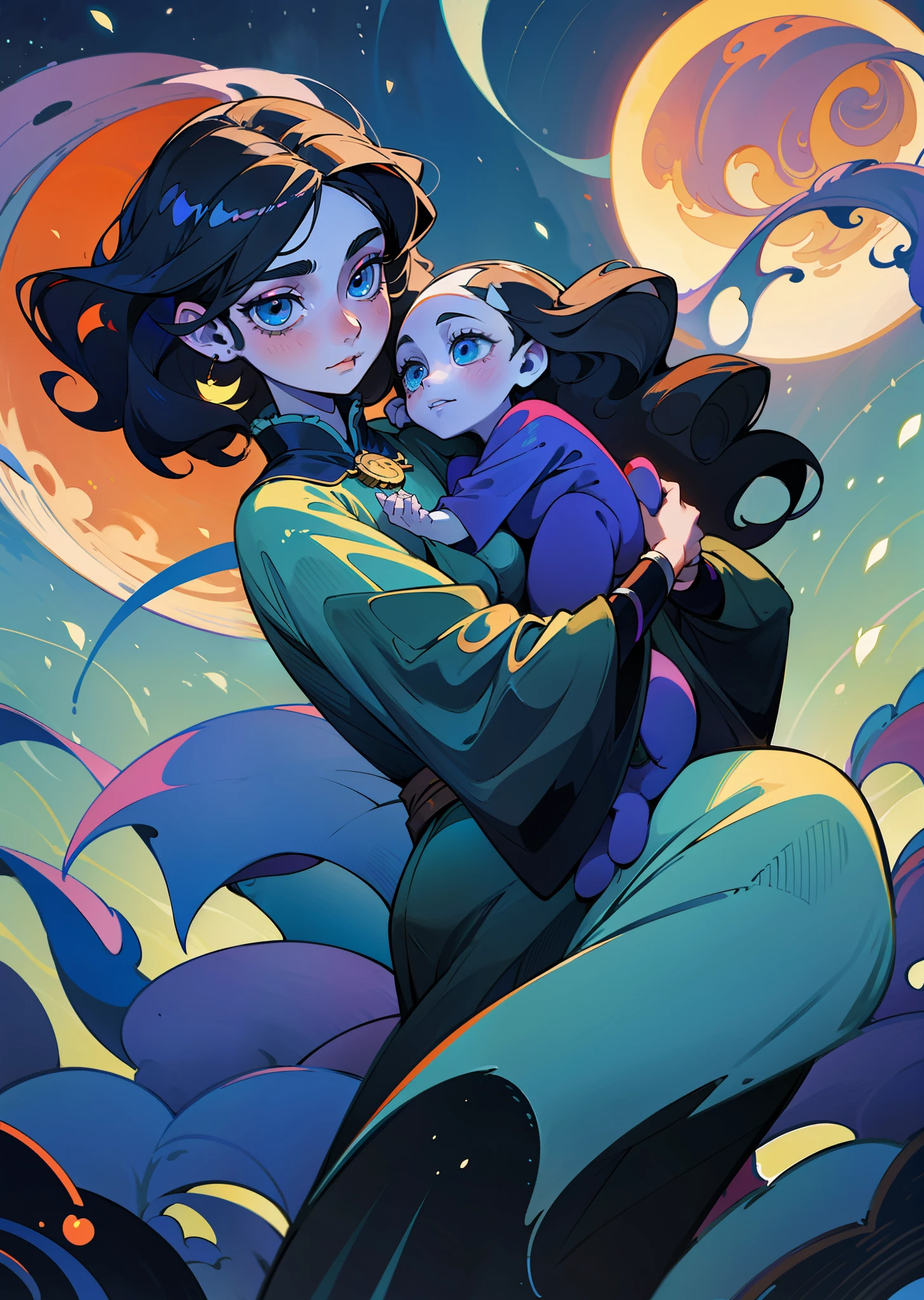 The nymph of the moon, the embodiment of sadness and peace in the form of a girl, a black-haired girl, 21 years old, shiny black long and curly hair, freely flowing over her body, clear blue eyes, beautiful eyes, a wreath of vines and branches on her head, a pale witch, a moon witch holds motanka doll in hands, calm expression, detailed art, fantasy, cartoon, top artstation, 2D, ultra HDR