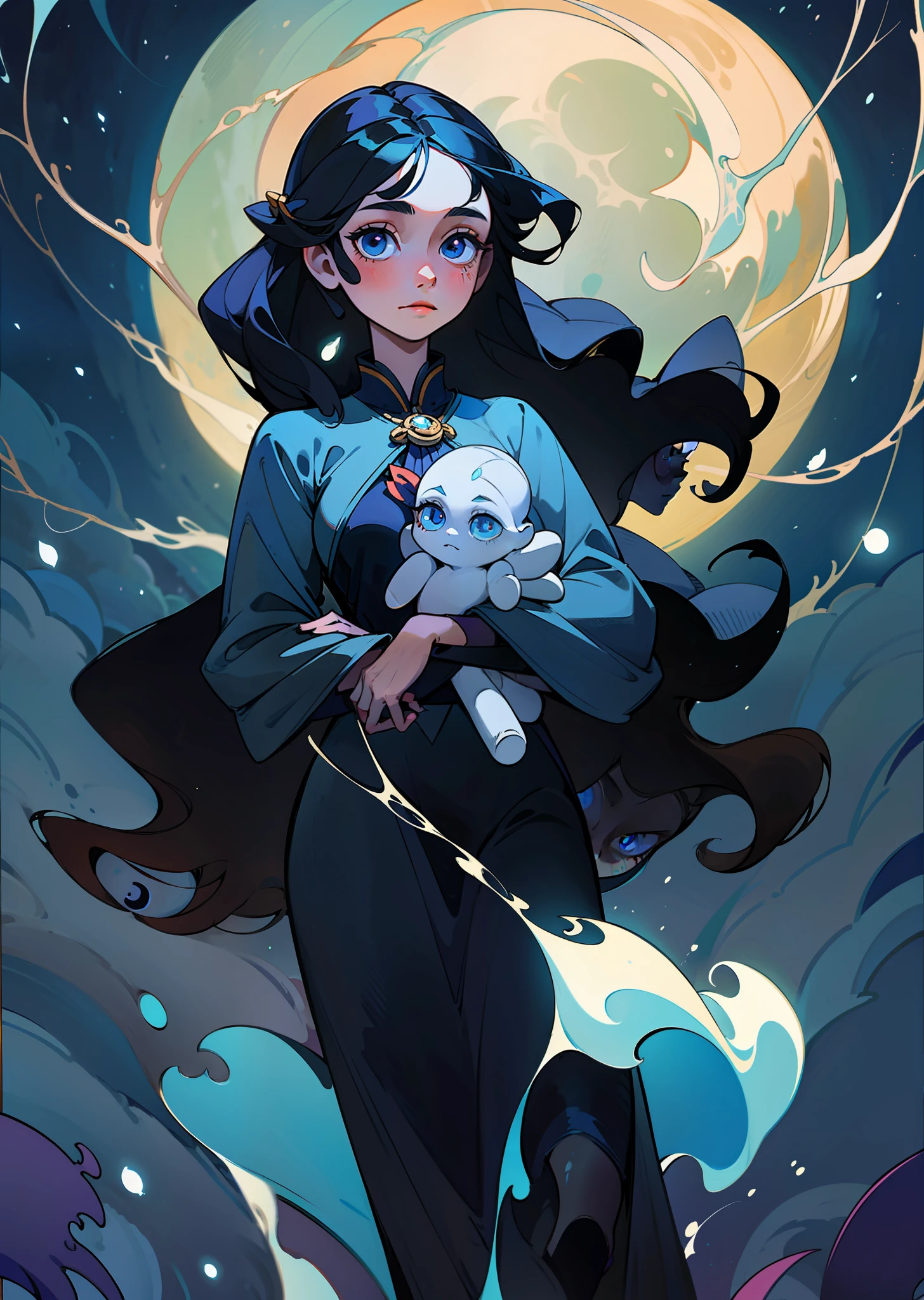 The nymph of the moon, the embodiment of sadness and peace in the form of a girl, a black-haired girl, 21 years old, shiny black long and curly hair, freely flowing over her body, clear blue eyes, beautiful eyes, a wreath of vines and branches on her head, a pale witch, a moon witch holds motanka doll in hands, calm expression, detailed art, fantasy, cartoon, top artstation, 2D, ultra HDR