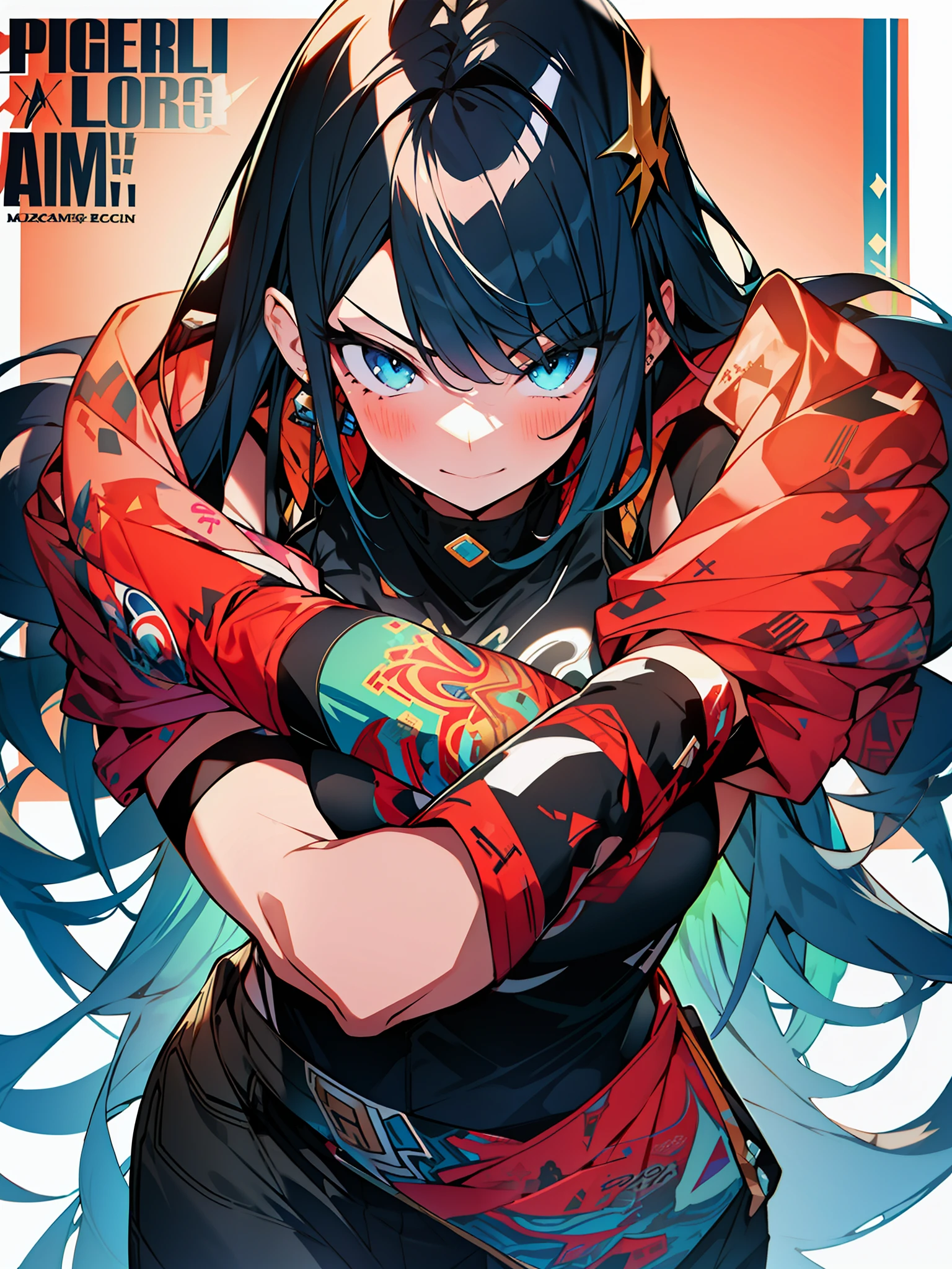 3girls, excellent lighting, sidelighting, (curvy: 1.2), vhsKeeper, background, mixed-language_text, Japanese graffiti letters, GUILTY GEAR -STRIVE style perfect(flat color: 1.3), (magazine_cover: 1.4), (multicolored_background: 1.3), striped_background, card_background, :: comix style by joe madureira :: , perfect and detailed, ultra detailed shirt with abstract design, with Japanese graffit print on the sides of the dress,  image of full-body women fighting alongside you with powerful dragons versus alien creature full of tentacles, with immersive effects, hover effect, background graffiti style tribal tattoo with vibrant colors "ultra hdr" detailed and with focus effect, (masterpiece: 1.2, best quality), (beautiful eyes finely detailed: 1.2), , ((Solo)), (Eyes degrade:1.4), (Finely detailed eyes and detailed face with long eyelashes:1.3),  in various full-body attack poses, (cute background: 1.2),futuristic costume, super detailed circular metals Clinging to the arms and pants, fantastic paintings