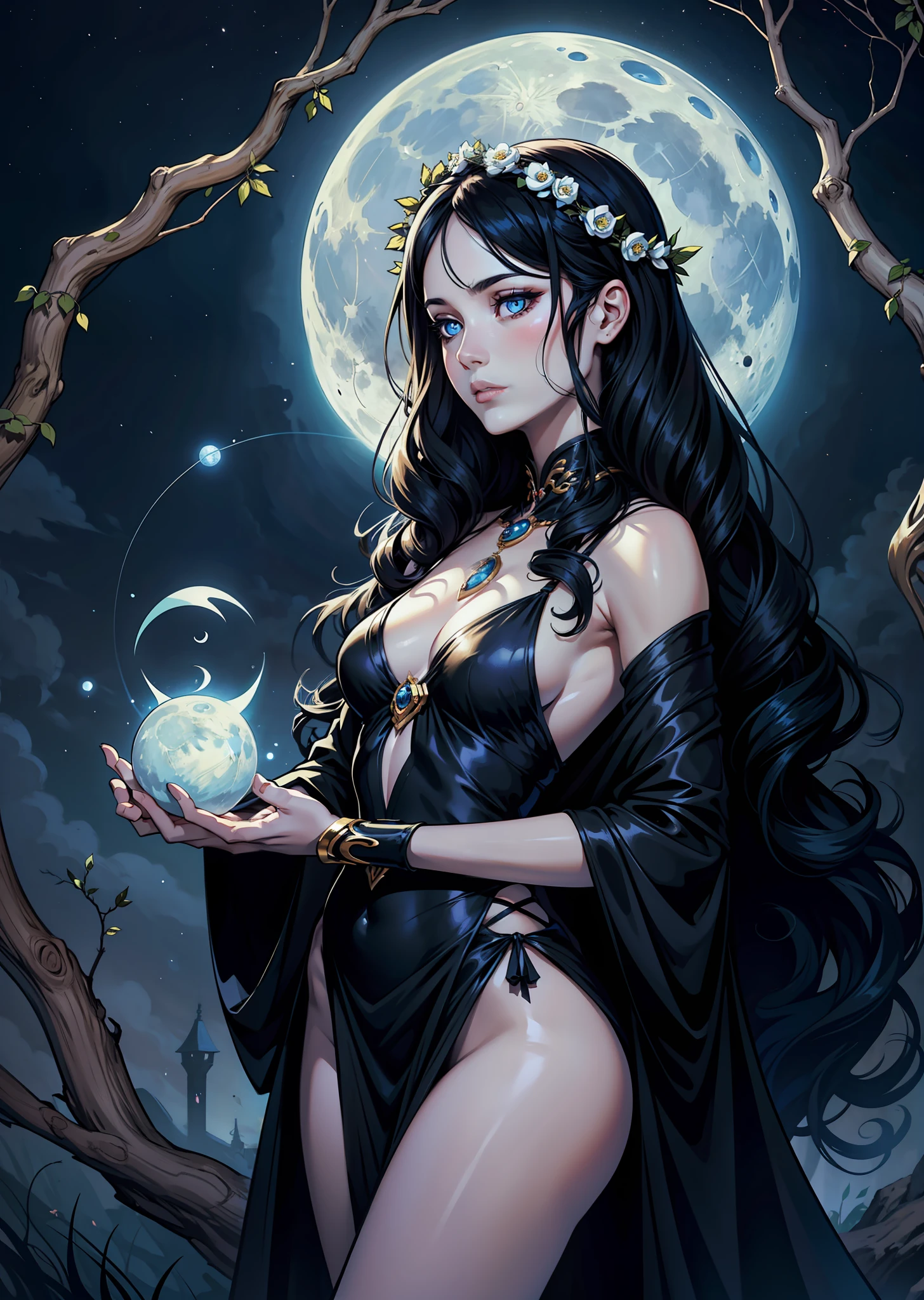 The nymph of the moon, the embodiment of sadness and peace in the form of a girl, a black-haired girl, 21 years old, shiny black long and curly hair, freely flowing over her body, clear blue eyes, beautiful eyes, a wreath of vines and branches on her head, a pale witch, a moon witch holds motanka doll in hands, calm expression, detailed art, fantasy, cartoon, top artstation, 2D, ultra HDR