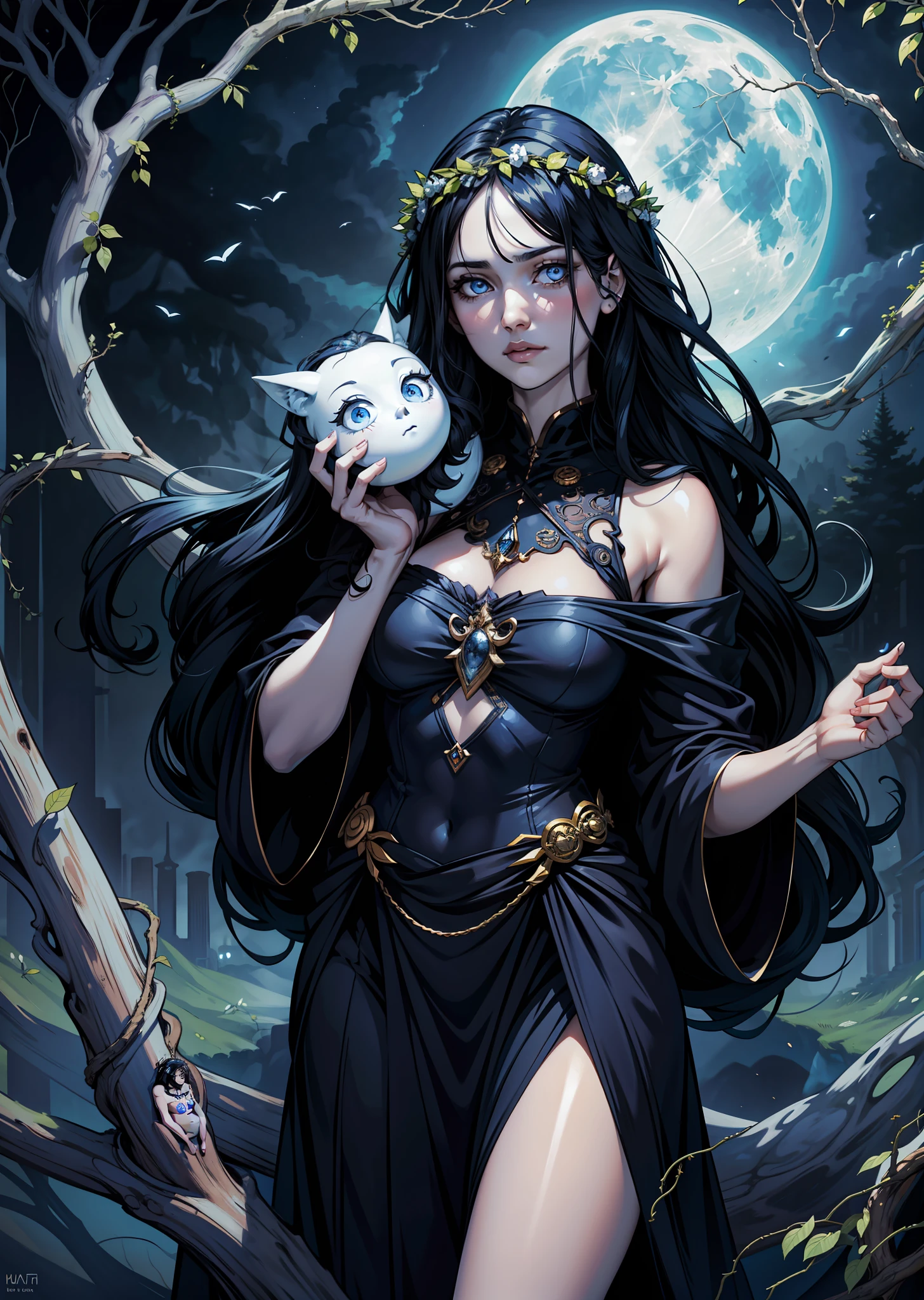 The nymph of the moon, the embodiment of sadness and peace in the form of a girl, a black-haired girl, 21 years old, shiny black long and curly hair, freely flowing over her body, clear blue eyes, beautiful eyes, a wreath of vines and branches on her head, a pale witch, a moon witch holds  motanka doll in hands, calm expression, detailed art, fantasy, cartoon, top artstation, 2D, ultra HDR