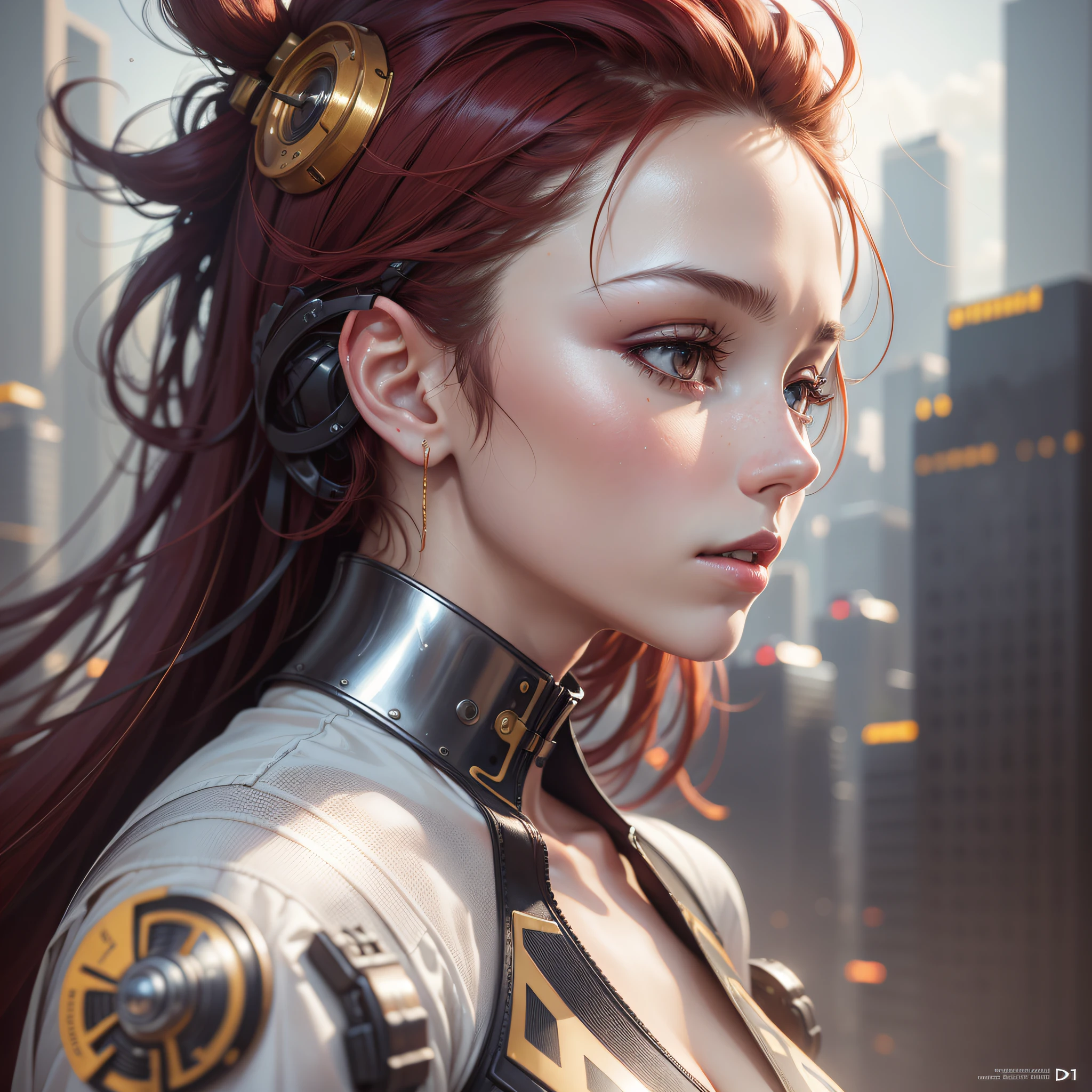 (1girl:1.3), Solo, __body-parts__, Official Art, Unified 8k wallpaper, ultra detail, beautifully aesthetic, beautiful, masterpiece, best quality, raw, masterpiece, ultra fine photography, best quality, ultra high resolution, photorealistic realism, sunlight, full body portrait, amazing beauty, dynamic posing, delicate face, brilliant eyes, (seen from the side),, red and gold color scheme, Highly detailed futuristic city background, detailed face, gorgeous milky white, highly detailed skin, realistic skin detail, visible pores, sharp focus, volumetric fog, 8K UHD, DSLR, high quality, film grain, fair skin, photorealism, lomography, futuristic dystopia huge metropolis, seen from below, translucent --auto --s2