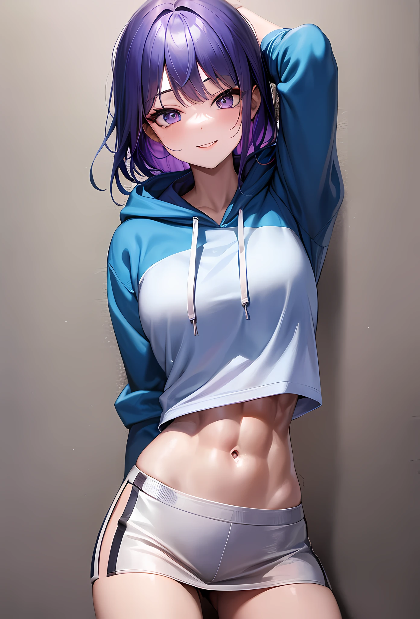 masterpiece, 1girl, solo, highlights in the eyes, smile, blue hoodie, white t-shirt, purple and blue two-tone hair, purple back of hair, disheveled hair, stylish simple background, sexy, 8k, abs, beautiful skin