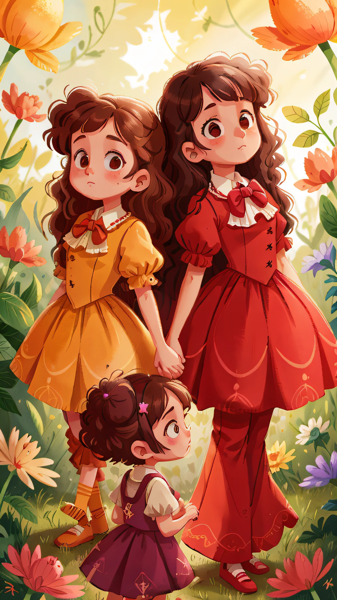 Two girls, twins, curly brown hair, wearing fancy clothes