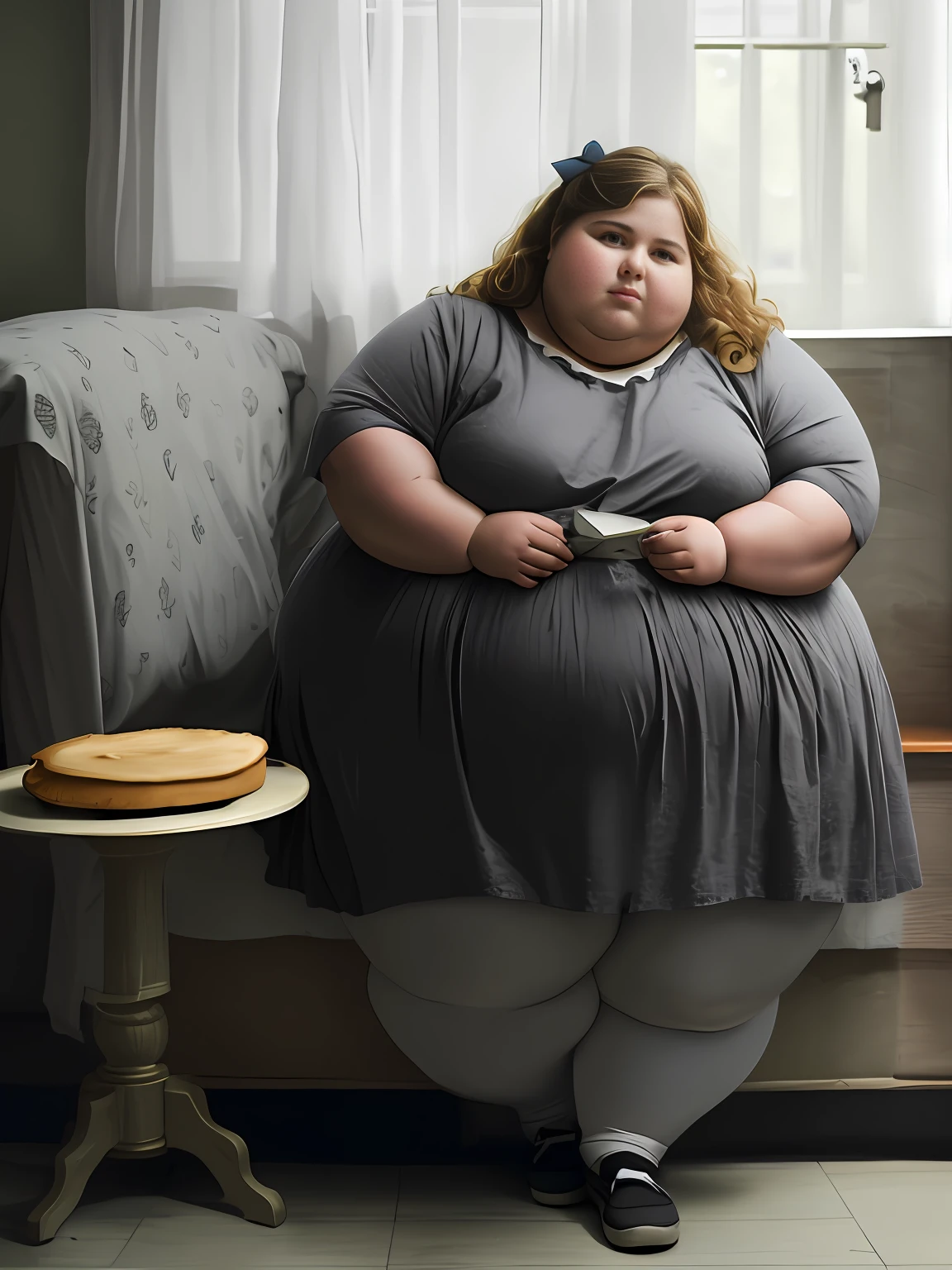 ( a RAW photo , full-

body shot ) very fattest obese plump chubby girl 13 years old 

with curly blond hair , realistic, beautiful face hyper realistic RAW photograph, 8k uhd 600-pound 13-year-old fattest chubby chubby girl, , full-length commission, tight body, high-definition commission, , commission oc, full body!, ((beautiful)) , close-up of the whole body One object !!, . Morbid obesity!! (Giant, Fat, Round, Belly)), ,(( Giant double wide hips)), ((Giant fat butt), ((Giant, thick, fat hips)) , Proportionately large and thick arms and legs!!, Giant Fat chest, fat puffy cheeks, Fat face, multiple chins, , masterpiece!!, whole body!!, Effects (clothes tearing, --auto --s2