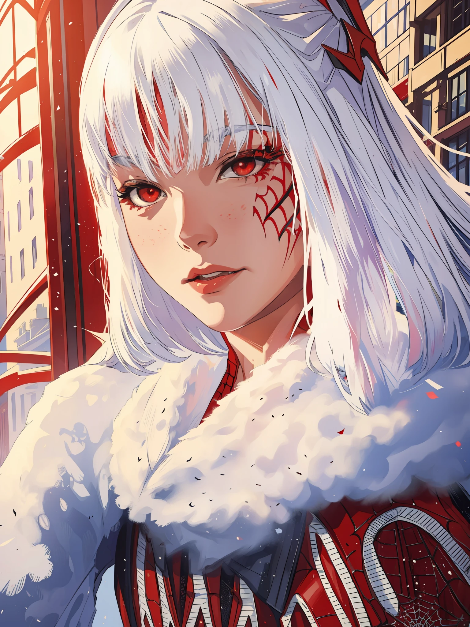 (masterpiece, best quality), intricate details, 8k, artstation, wallpaper, official art, splash art, sharp focus,
1girl, , long hair, twin tails, red eyes, white hair,
spider suit, spider web printing, spider web,
skyscrapers, city, buildings, cars,