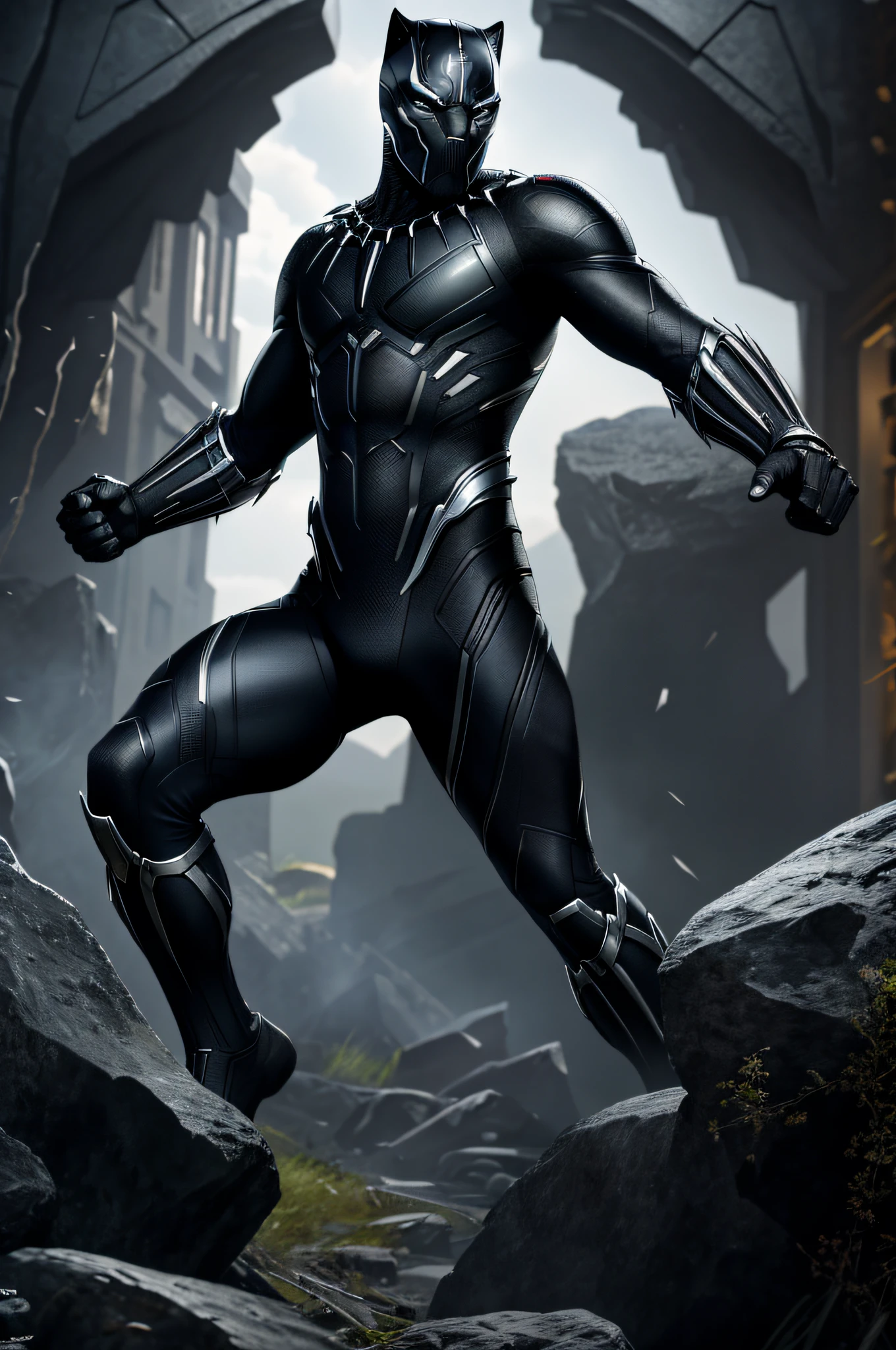 (8k, RAW photo, best quality, masterpiece: 1.2), ultra detailed, official art, photo-realistic: 1.37, full body, Black Panther wonder, film grain, action pose, super detail-oriented