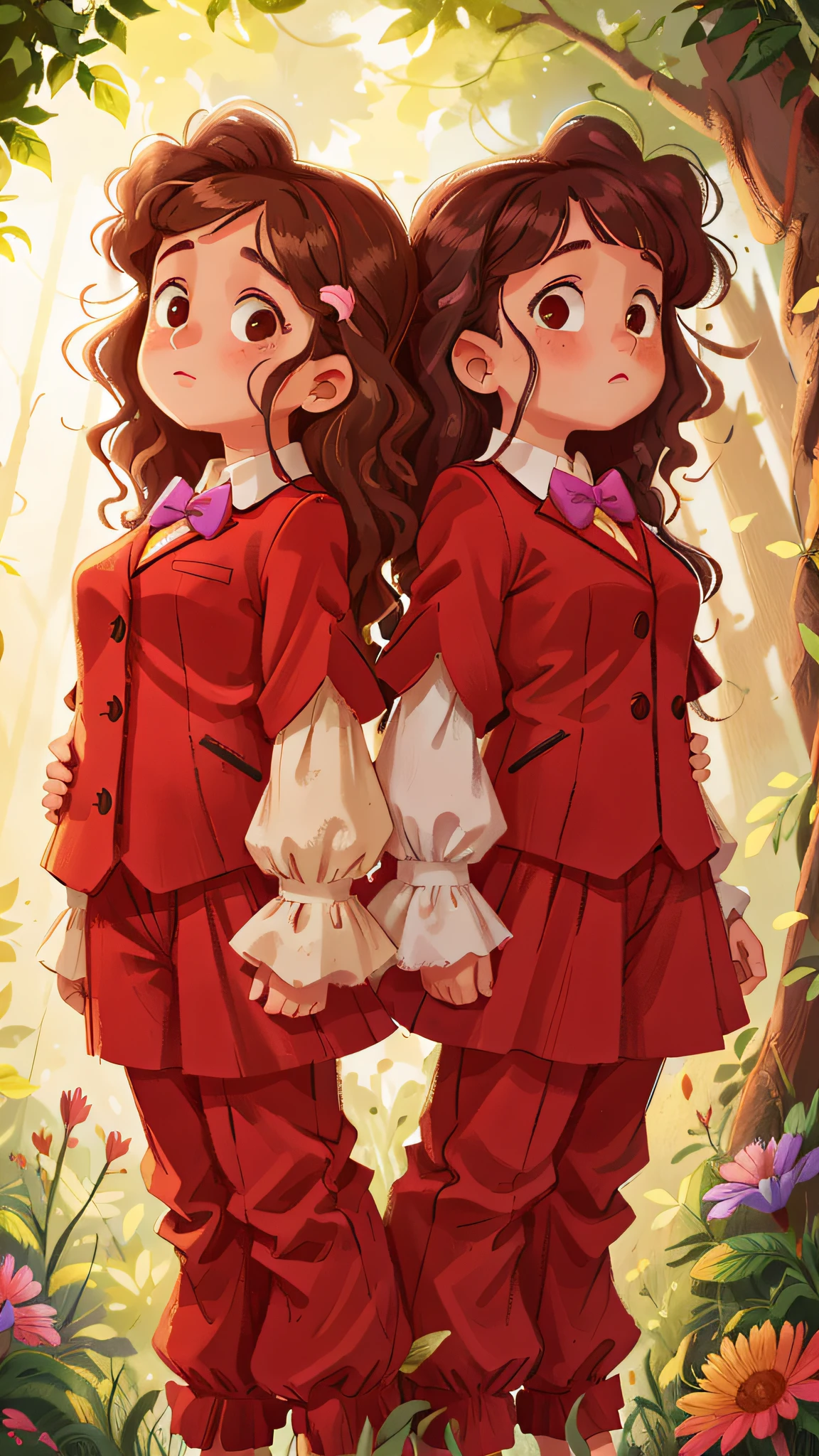 Two girls, twins, curly brown hair, wearing fancy clothes