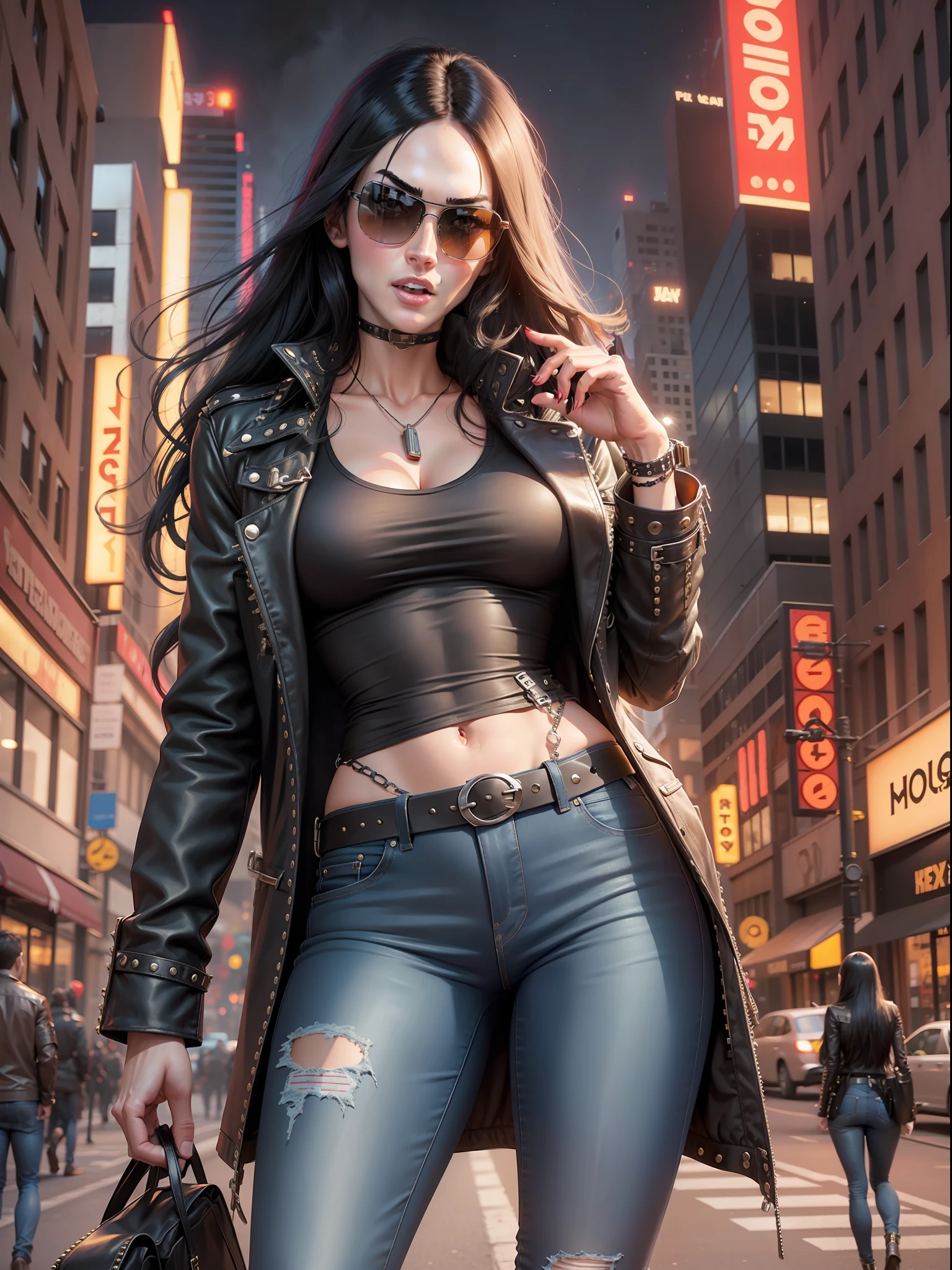 Megan Fox, long black hair, sunglasses, jeans, long t-shirt, coat, belt, bracelets, holsters, rivets, on city street with explosions behind, night, movie poster