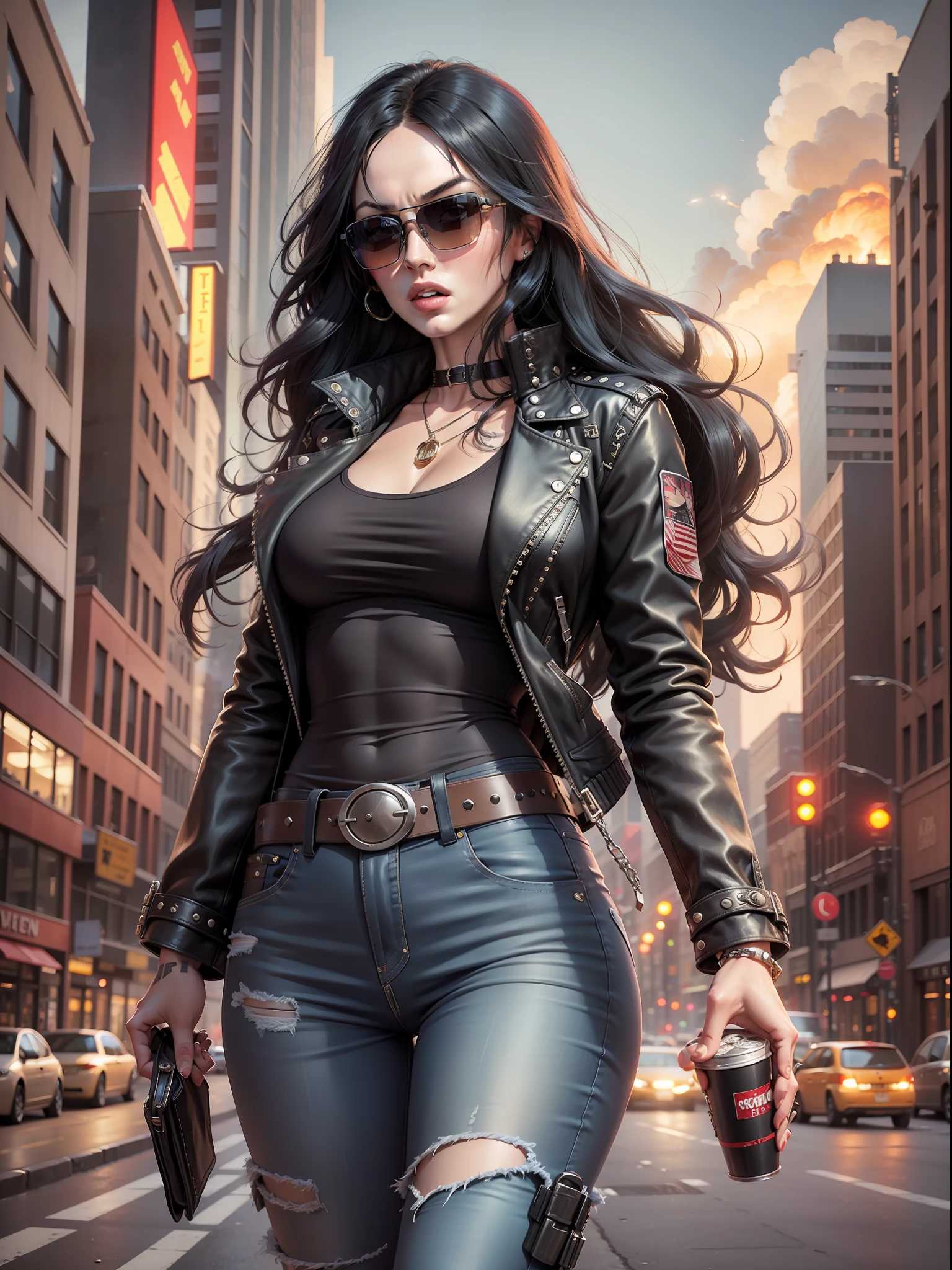 Megan Fox, long black hair, sunglasses, jeans, long t-shirt, coat, belt, bracelets, holsters, rivets, on city street with explosions behind, night, movie poster