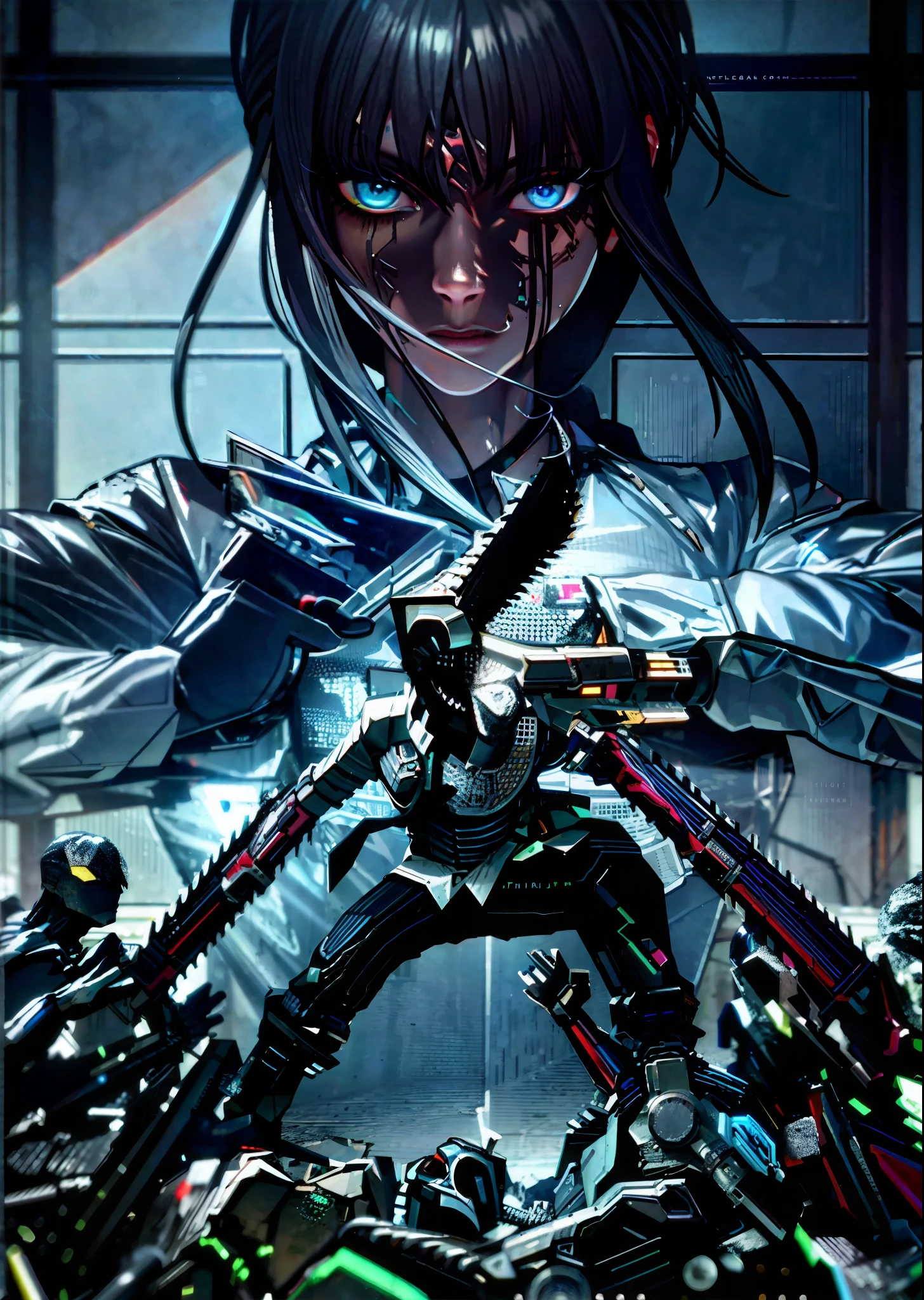 ((Best quality)), ((masterpiece)), (detailed: 1.4), 3D, a cyberpunk image, HDR (high dynamic range), ray tracing, NVIDIA RTX, super resolution, unreal 5, subsurface scattering, PBR texturing, post-processing, anisotropic filtering, depth of field, maximum clarity and sharpness, multi-layer textures, albedo and specular maps, surface shading, accurate simulation of light-material interaction, perfect proportions, octane render, two-tone lighting, wide aperture, low ISO, white balance, rule of thirds, 8K RAW,