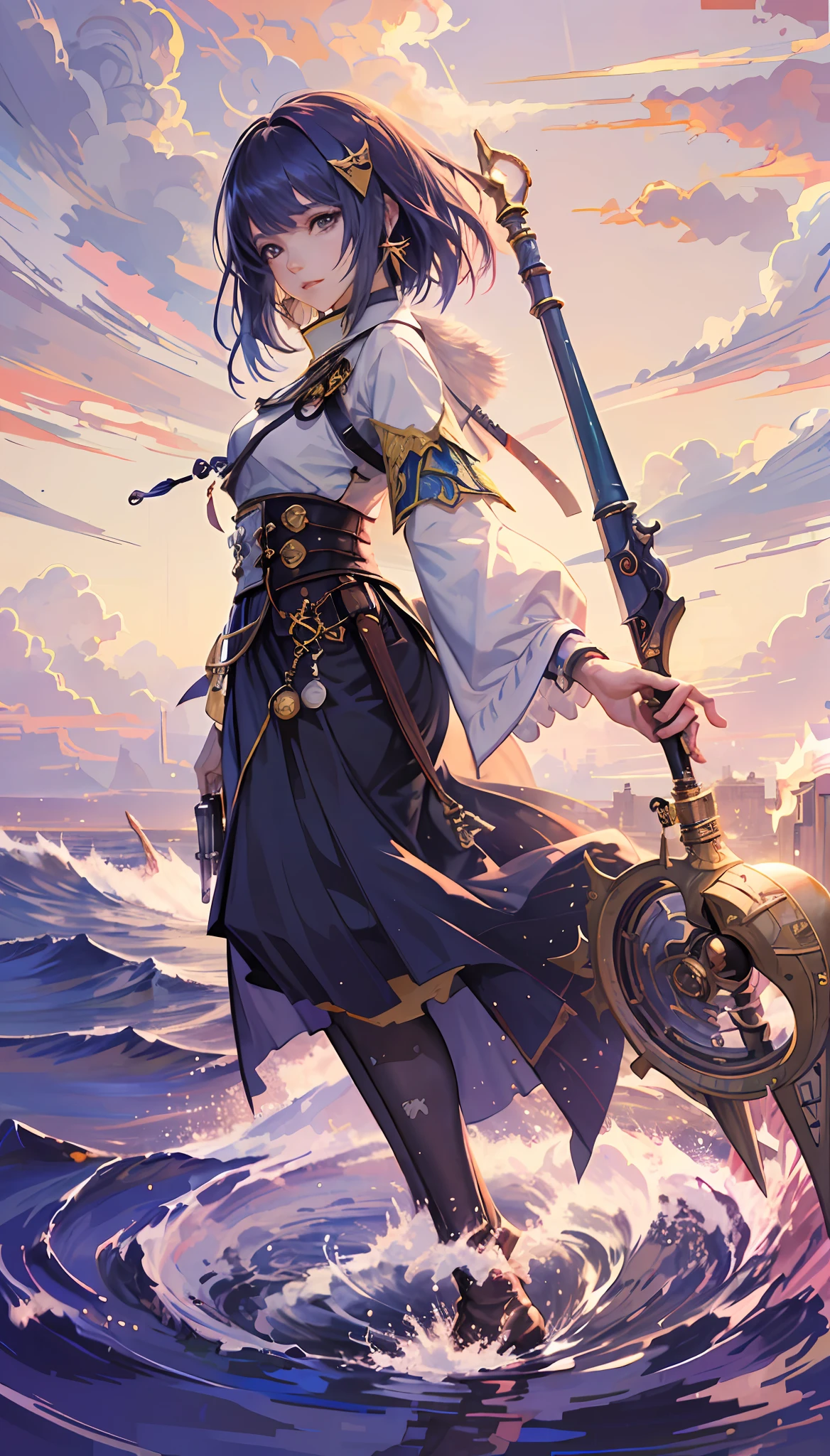 ((Final Fantasy)) ((Yuna)) Young anime attractive girl with wheel-shaped rod in the water, detailed key anime art, zerochan art, Cushart Krenz female key art, similar oriental clothes, from Touhou, beautiful anime artwork, clean detailed anime art, girl on the seashore, splashing water, she is holding a stick, advanced digital anime art, beautiful anime art, anime fantasy illustration