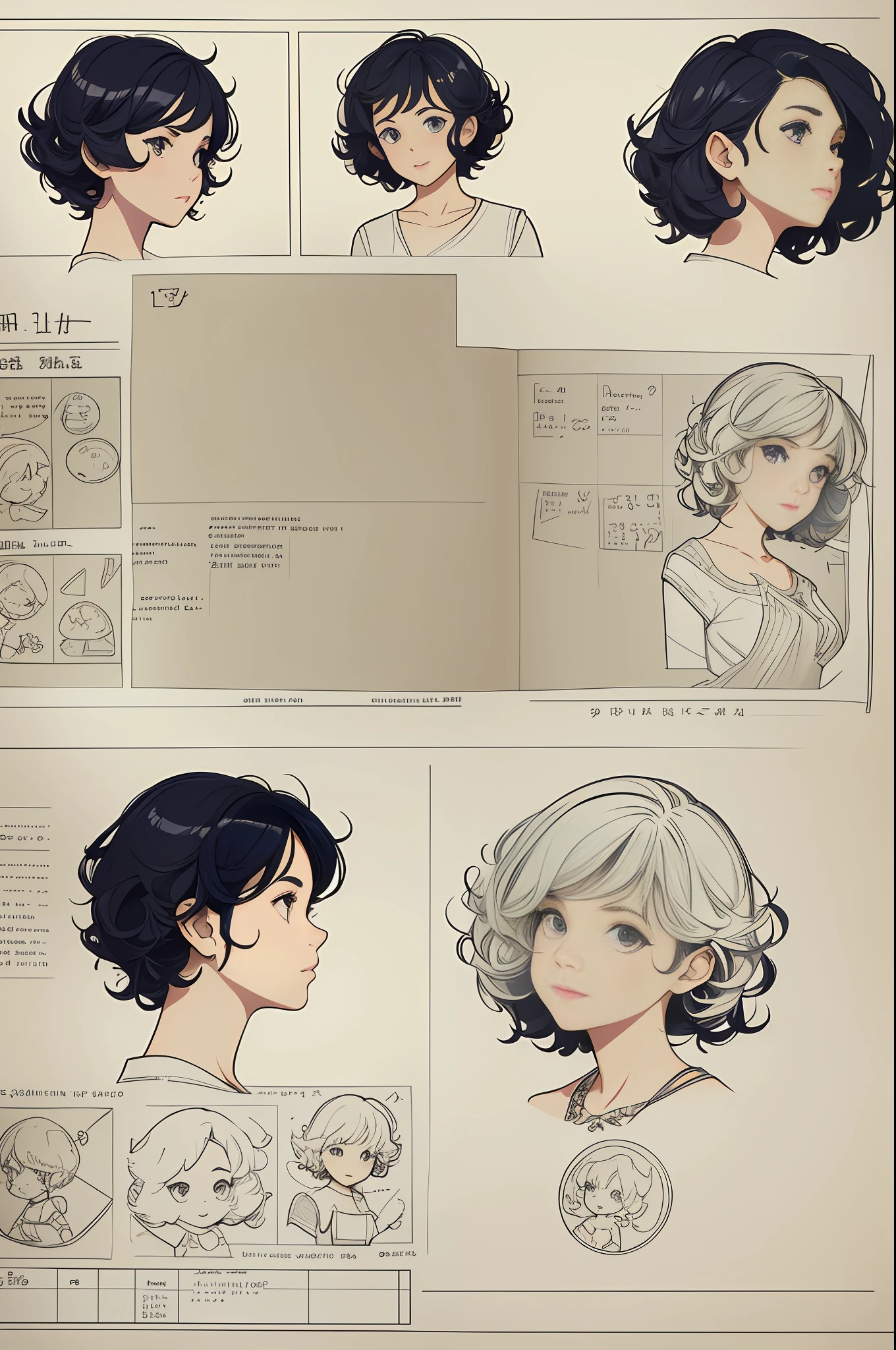 a girl with short curly hair, differente angles, in the style of children book character, character sheet, white background –ar 3:2 --auto --s2