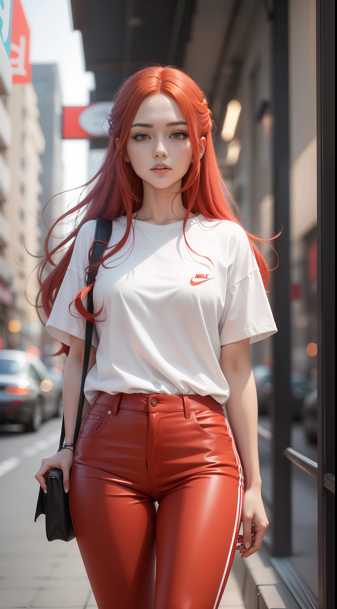 a woman in a white shirt and red pants is playing video game, simple style, wearing elegant casual clothes, muted red, simple clothes, milk and red style, casual clothing style, modern fashion outfit, wearing a fisher , casual modern clothing, inspo, red clothes, red pants, neutral tones, rred and white color scheme, casual business outfit, scary face, nike shoes, 22 years old, adult face, long hair, ((red hair))