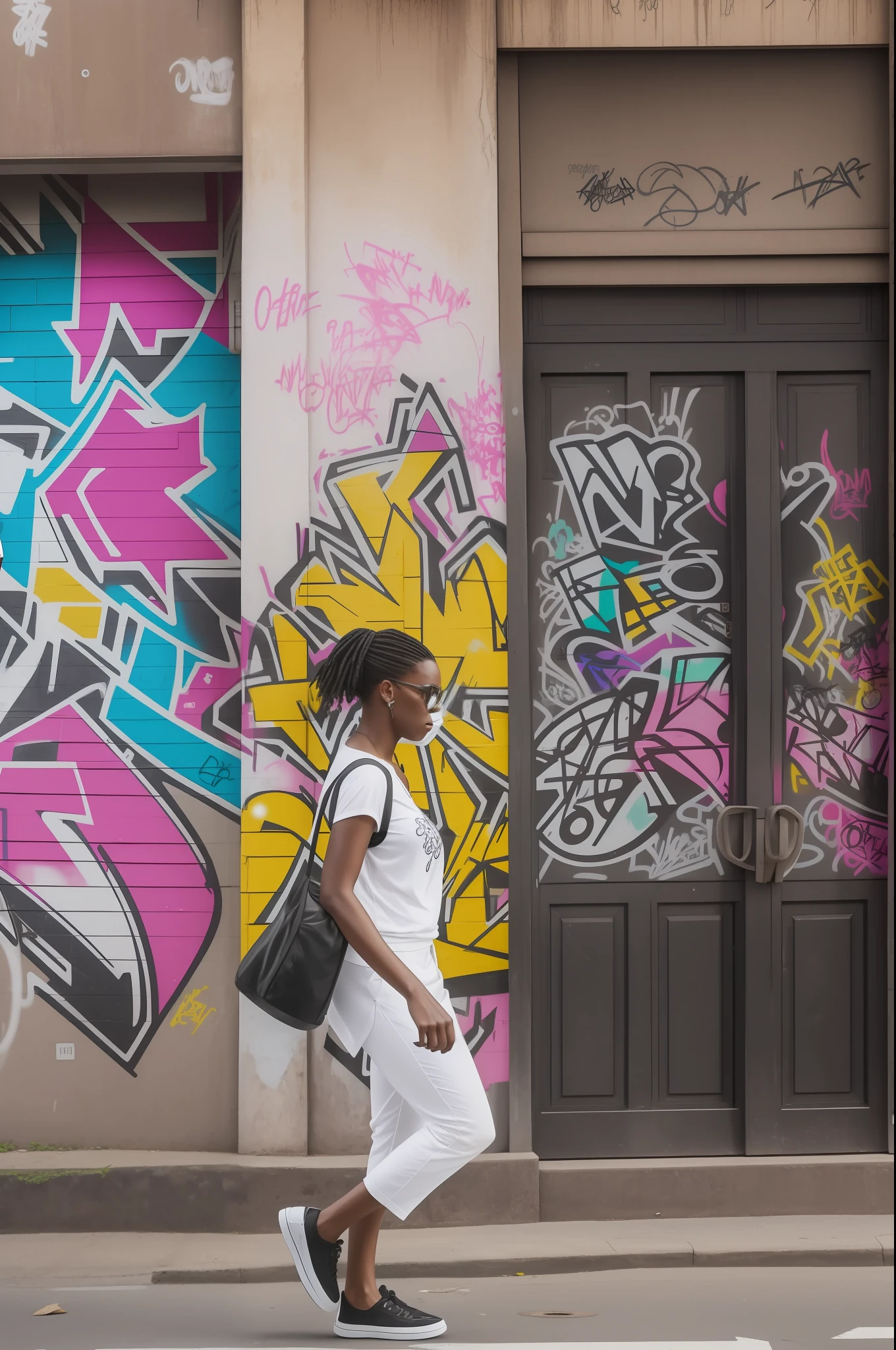 1woman, walking on the street of São Paulo, white woman, black man, fashion, graffiti sketch in colored ink (black man and white woman) --auto --s2