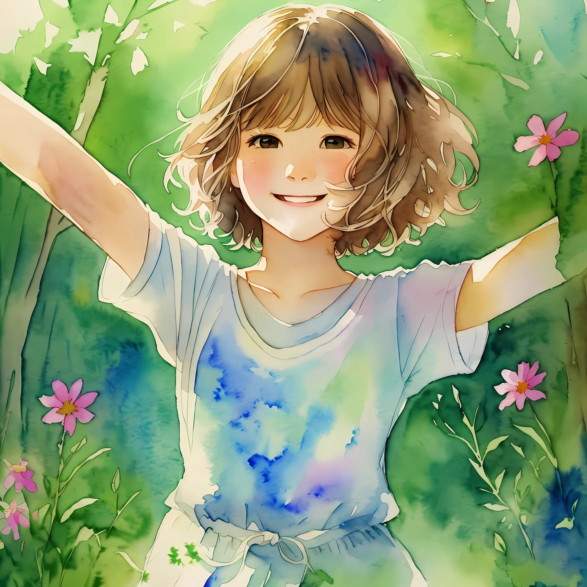 Watercolor, soft touch, girl smiling happily, short wavy hair, in the forest, running with open arms, gentle sunlight, wildflowers, sun shining through trees, little bird --auto --s2