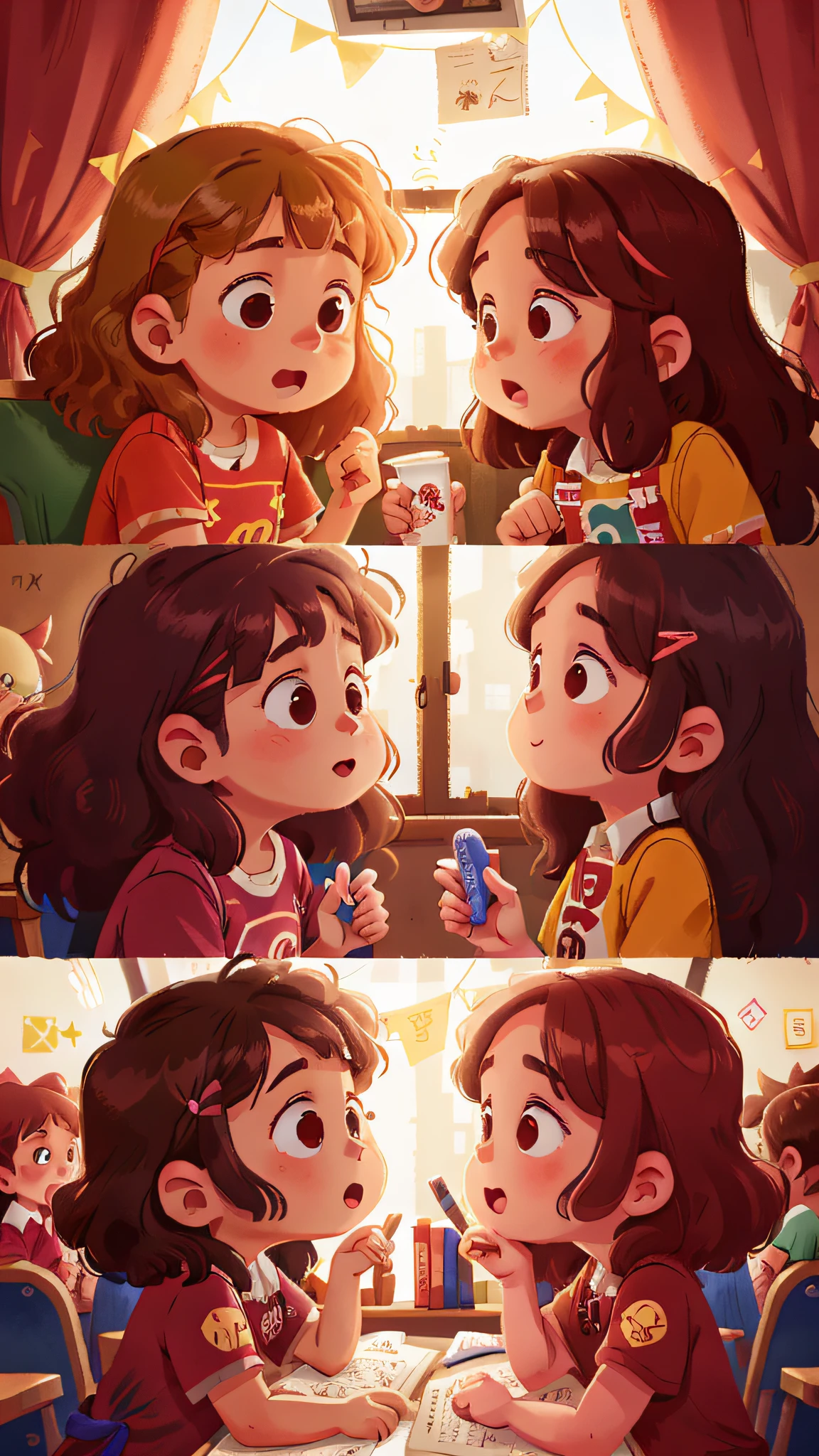 Two girls, twins, curly brown hair, in the theater