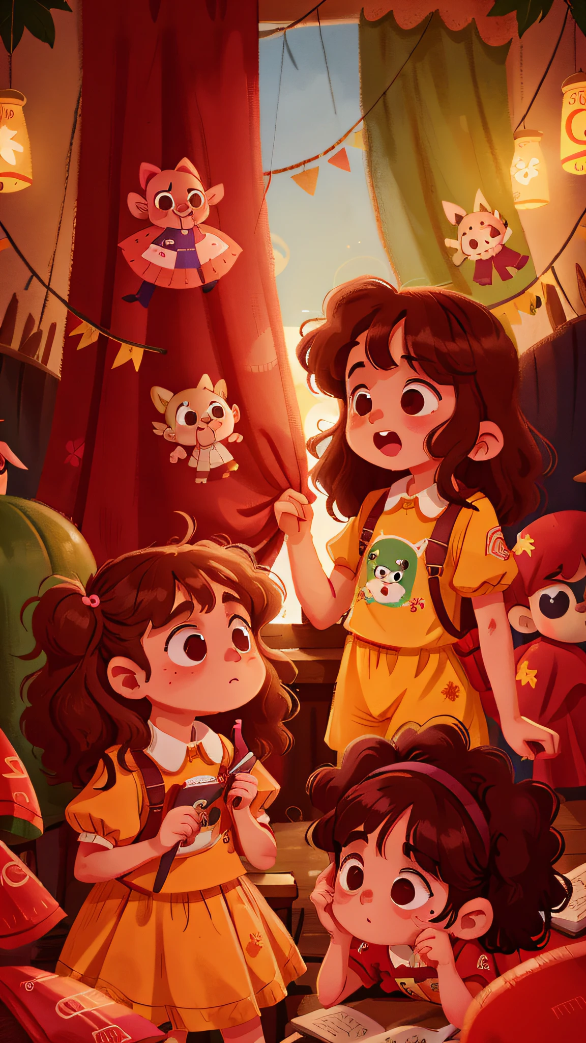 Two girls, twins, curly brown hair, in the theater
