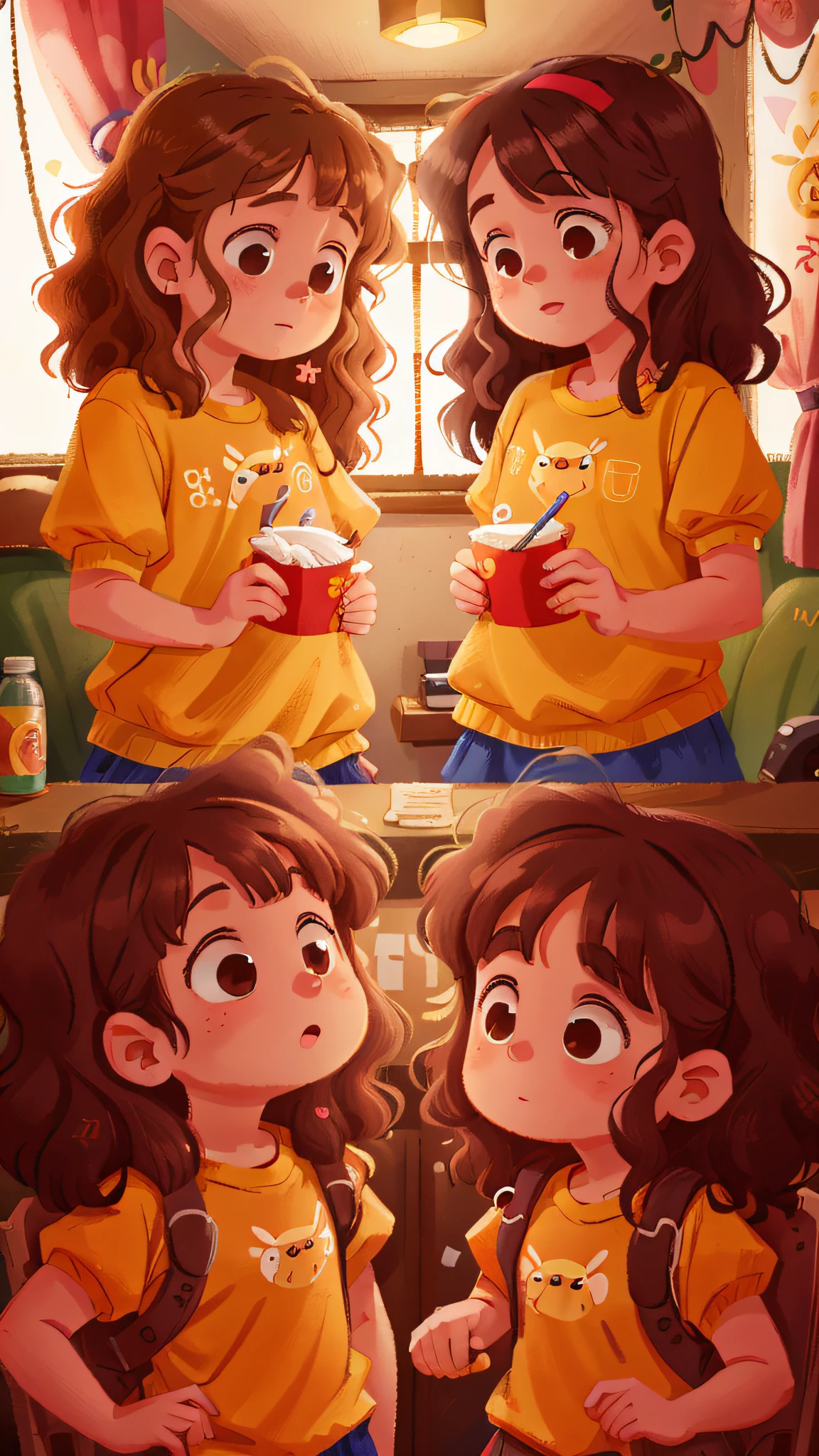 Two girls, twins, curly brown hair, in the theater