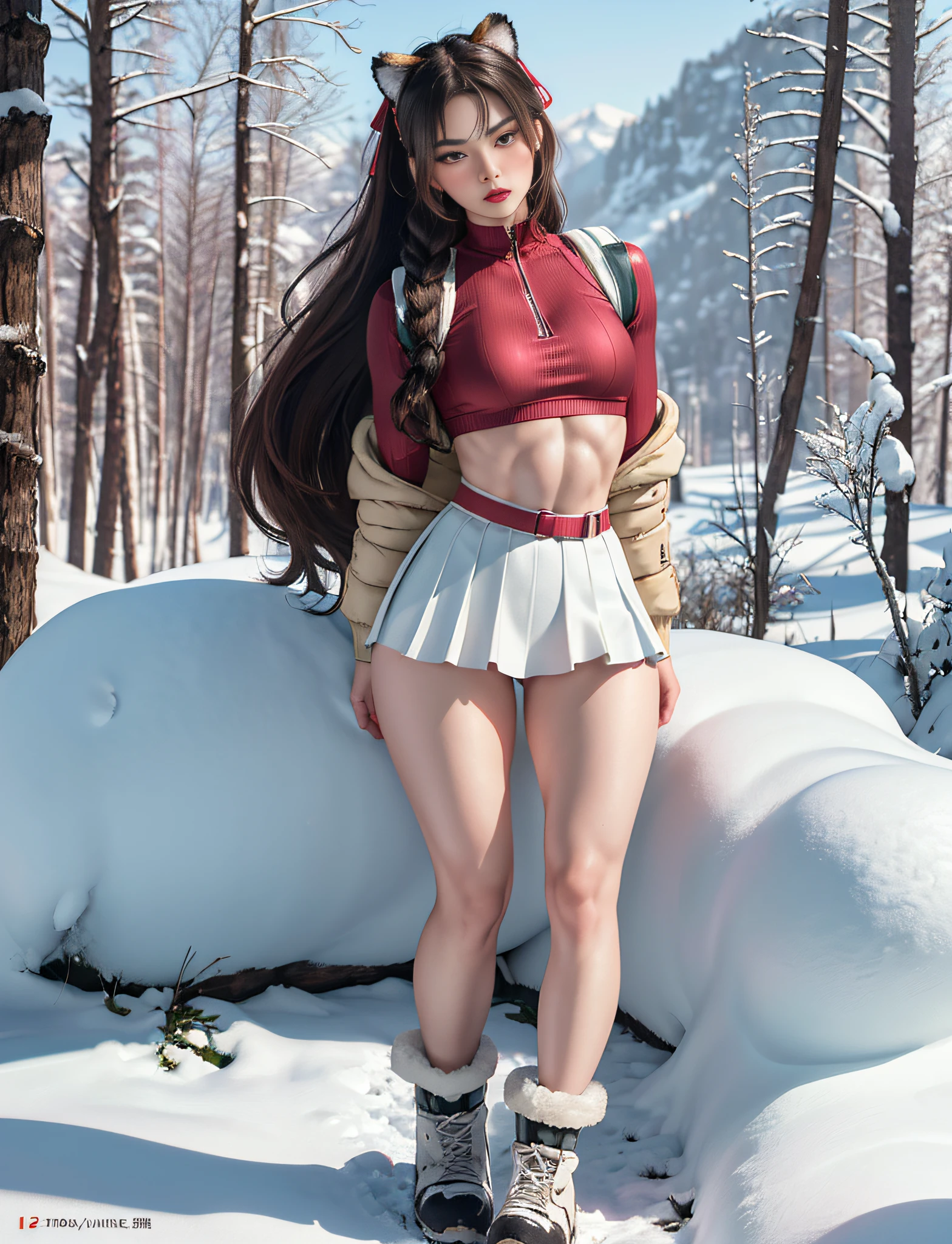 (very detailed RAW color photo), (1 girl), (alone), (30 years), (Goddess body), ((athletic)), ((very defined toned physique)), ((muscular body)), (very detailed perfect body), (small and defined breasts), (very sharp curves), (superior quality, 8k, masterpiece: 1.3), sharp focus: 1.2, (extremely beautiful girl with perfect figure: 1.4), ((very thin waist: 1.2)), ultra detailed skin texture, (smooth and soft skin), (ultra detailed fabric texture), ((girl wearing a snow jacket and skirt with hiking boots)), (extra long curly brown hair), (extra long ponytail with bangs), (very detailed and beautiful tiger ears), (hair on the face), (hair ribbon), dynamic pose, ((uniform leaves thighs exposed)), ((ultra detailed and toned legs)), (ultra detailed waist), (very wide hips), (very thick and muscular thighs), (sexy), (extreme hourglass figure), (very thick heart lips), (red lipstick), (green eyes), ((angry look)), ((blush)), (makeup), (ultra defined waist), eye shadow, (full body shot), with snowy mountains in the distance, snow and trees