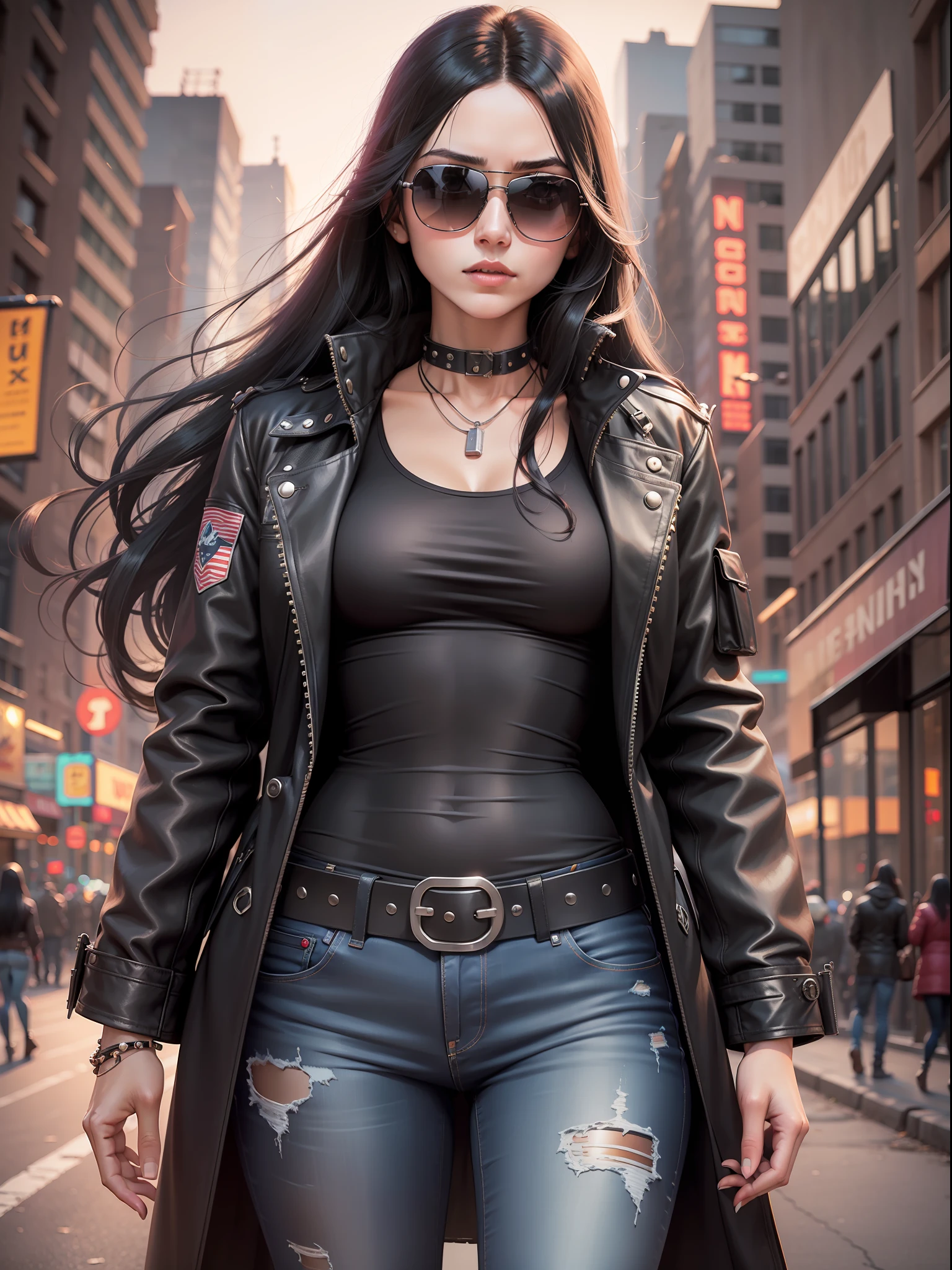 woman, long black hair, sunglasses, jeans, long t-shirt, coat,belt, bracelets, holsters, rivets, on city street with explosions behind, night, movie poster