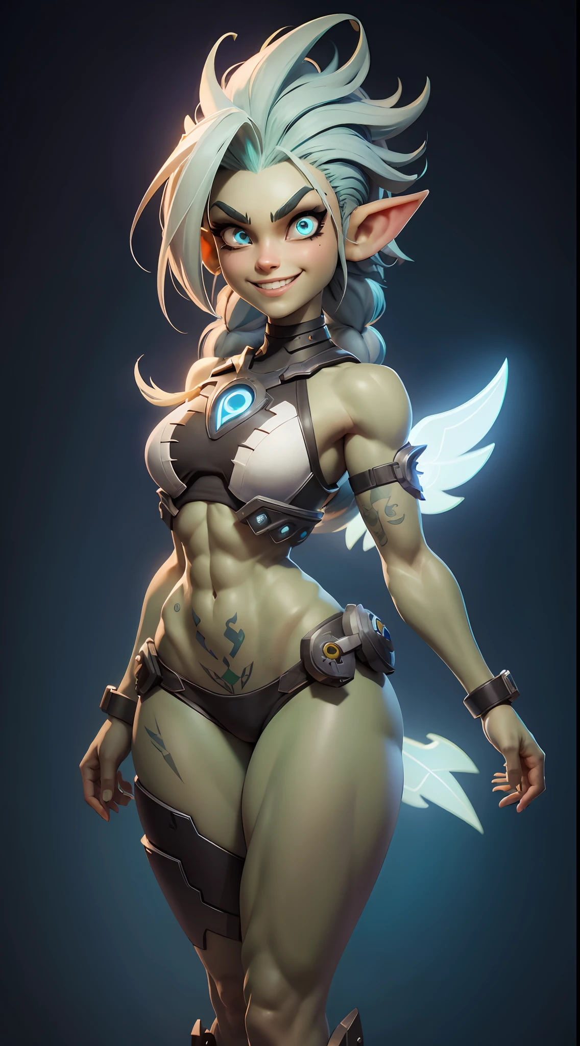  female troll, full body, green skin, muscle body, abdomen, white hair, mohawk hair, halo, blue , flower on head, aqua eyes, heart-shaped eyes, pointy ears, grin, crazy, Pixar, high detail, backlighting, ray tracing, depth of field, close-up, bokeh, Canon, UHD, high details, anatomically correct, super detail, 8k, best quality
