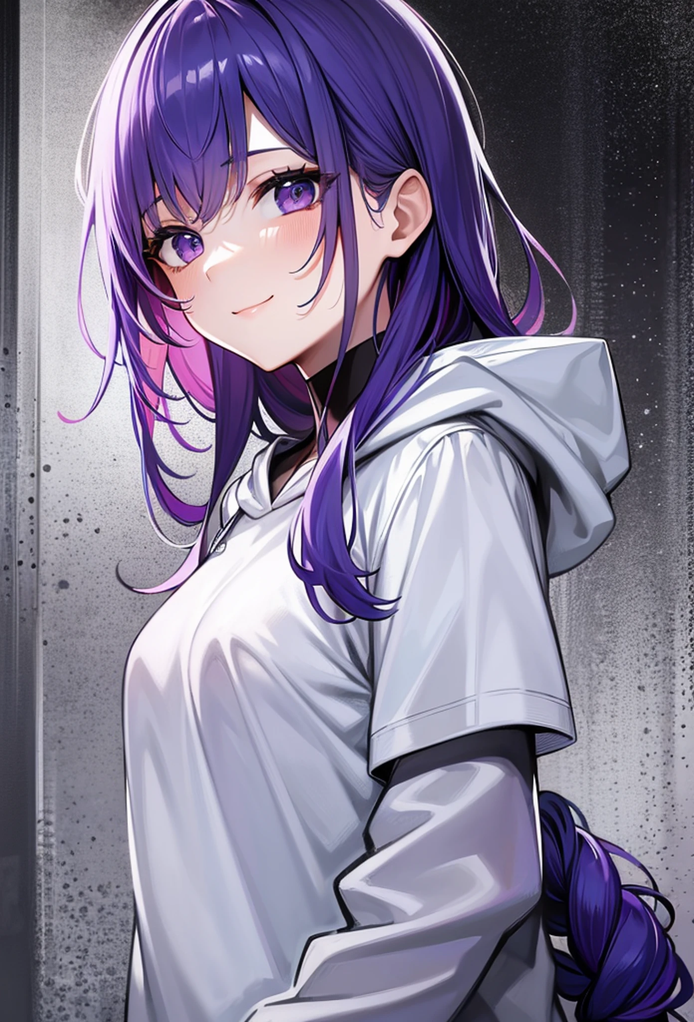 masterpiece, 1girl, solo, highlights in the eyes, smile, blue hoodie, white t-shirt, purple and blue two-tone hair, purple back of hair, disheveled hair, stylish simple background, sexy, 8k, light abs, beautiful skin