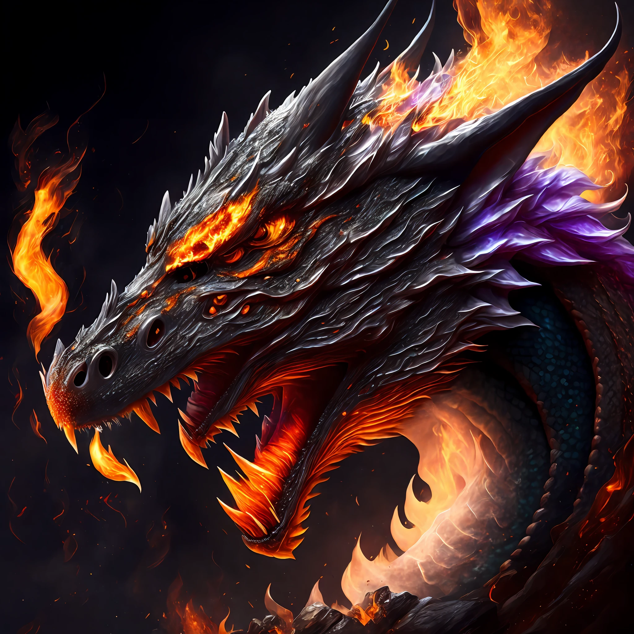 Roaring dragon, portrait, eyes with fire, dark background, lots of details, ultra quality, vivid colors