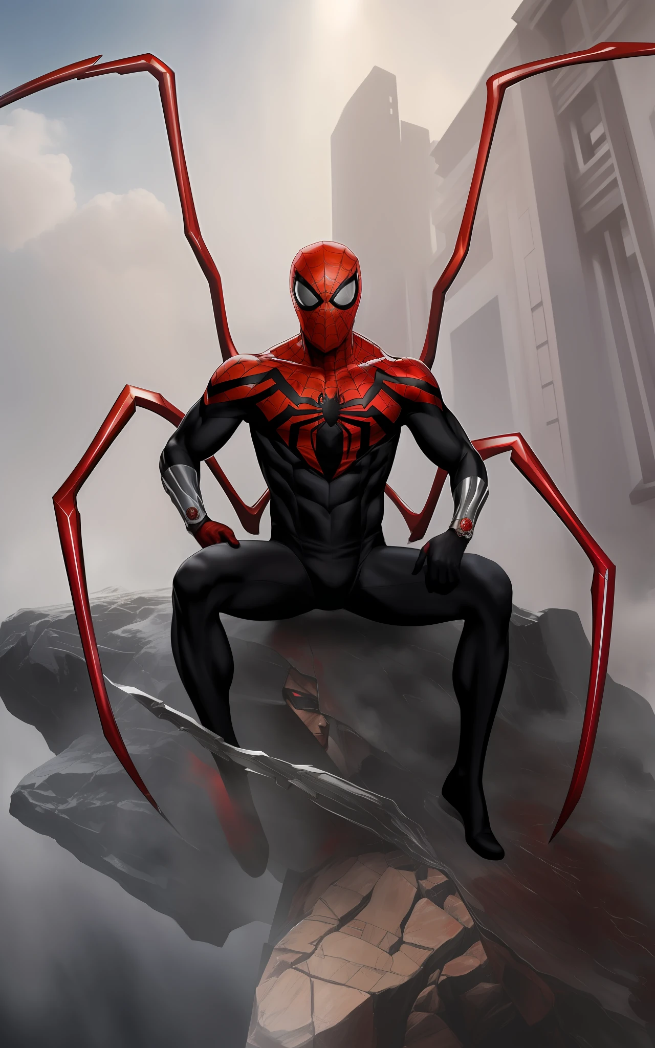 (((full body of male supspr))), (((four red metal legs))), (((silver bracelets))), (((sharp fingers))), a spider - man in a red and black suit sitting on the edge of the building, 8k, unreal engine, octane render, by seunghee lee, Jang Tae-Hwan, Chocofing R, seungho lee, trending on pixiv, fanbox, skeb, masterpiece, smooth soft skin, big dreamy eyes, beautiful intricate colored hair, symmetrical, anime wide eyes, soft lighting, concept art, digital painting,