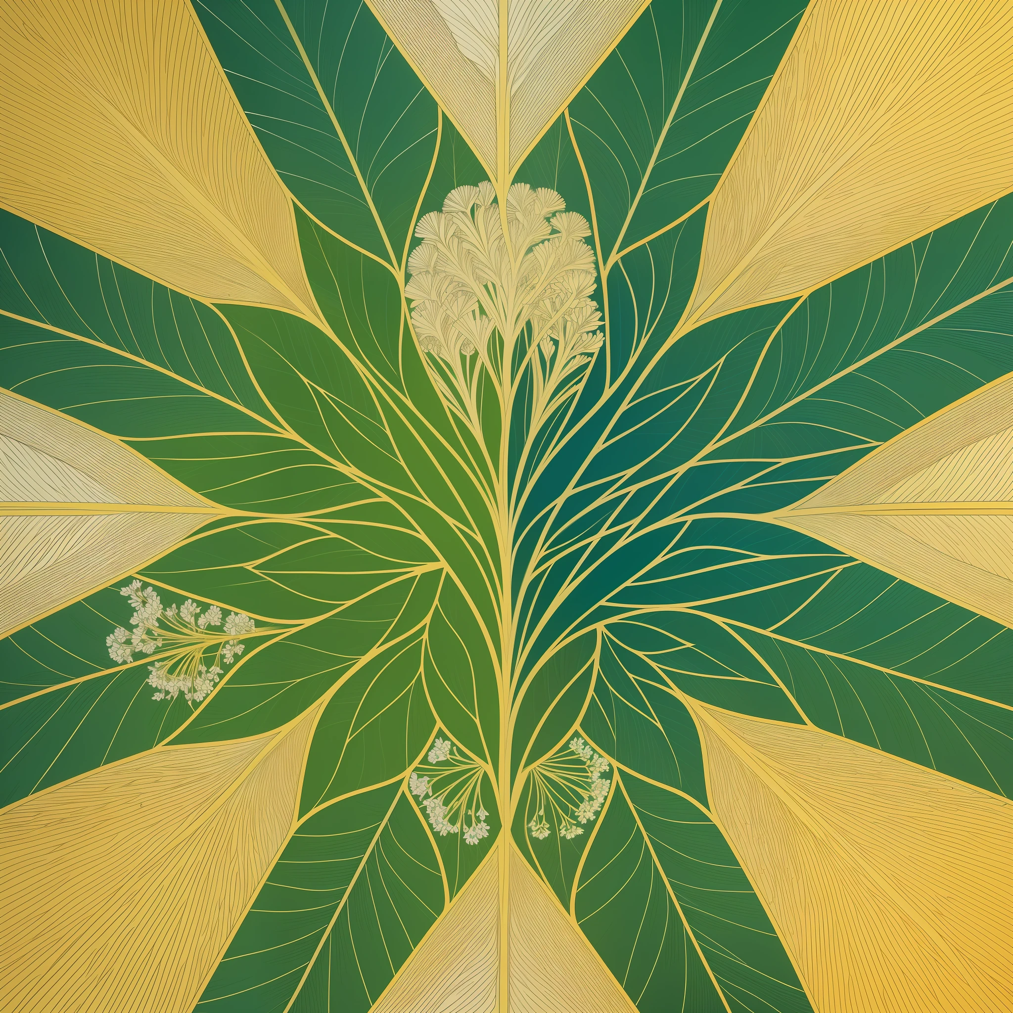 Visualize an artistic image that depicts the Angelica plant in a stylized way. In the center of the composition, we have a perfectly equilateral triangle, with borders in a vibrant shade of orange. The triangle represents stability, balance and harmony.

Inside the triangle lies the representation of the Angelica plant, with its delicate leaves and flowers. The plant is depicted in a detailed manner, with soft strokes and curved lines that convey a sense of elegance and serenity.

The center of the triangle is filled with a shade of light blue, which radiates a sense of calm and tranquility. This blue symbolizes the connection with the divine, bringing an aura of spirituality to the image.

Behind the image of the Angelica plant, rays of bright light radiate in different directions. These rays can be represented in shades of yellow and white, creating a luminous and expansive effect. The rays represent the vital energy and enlightenment that the Angelica plant brings with it.

The color palette of the image is composed of vibrant orange for the edges of the triangle, light blue for the center, and shades of yellow and white for the light rays. These combined colors convey a sense of vitality, spirituality, and clarity.

The image as a whole emanates an atmosphere of peace, balance and connection with the divine. It evokes the delicacy of the Angelica plant and its ability to bring light and harmony to the environment.