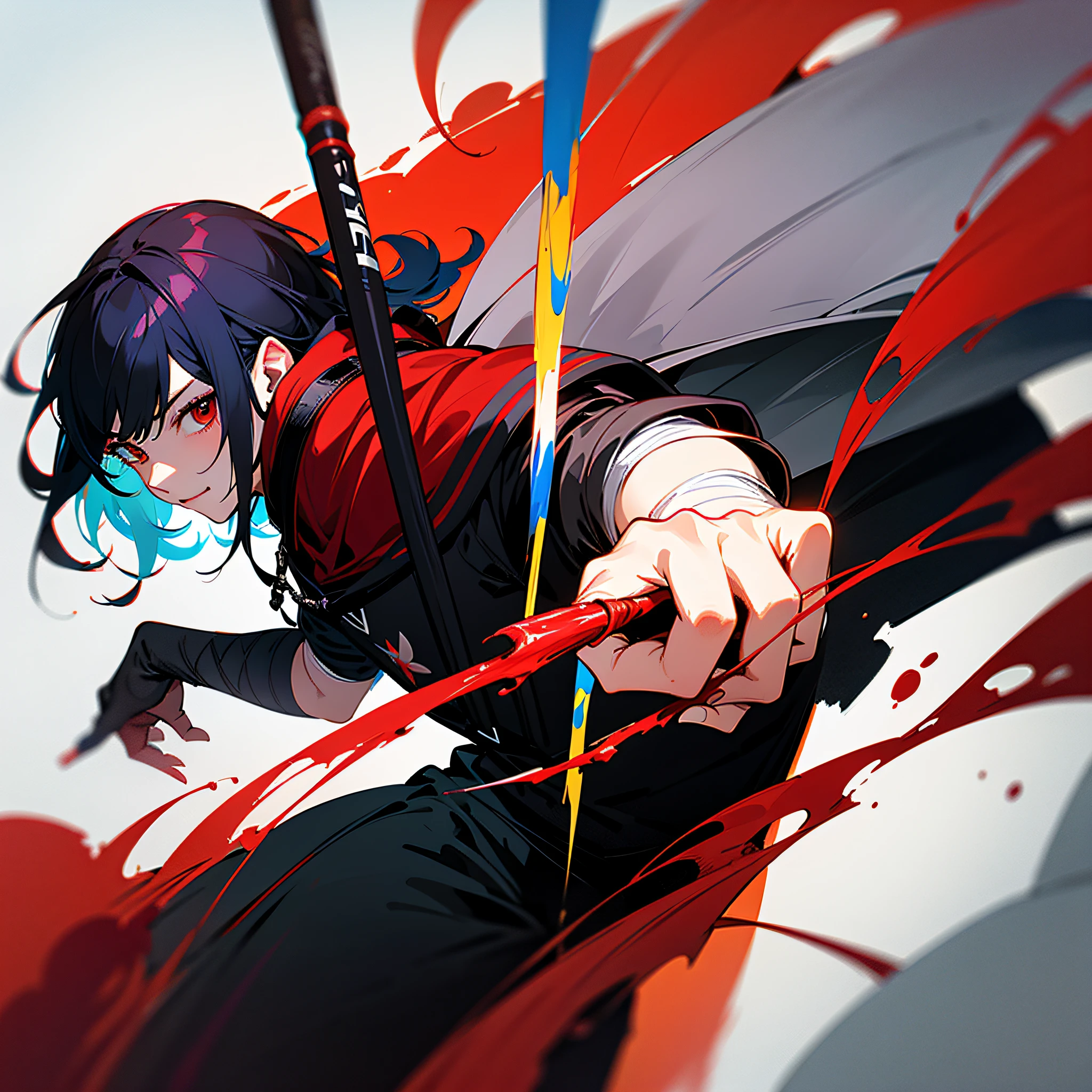 0 damage assassine, pointing the brush at viewer, ,a killer who likes to paint, dirty laundry of colored paint, holding a wet brush of paint, colored hair, fantasy, marvel, absolutely stunning art, art of the highest quality, highest resolution, hyper detailed, black and red