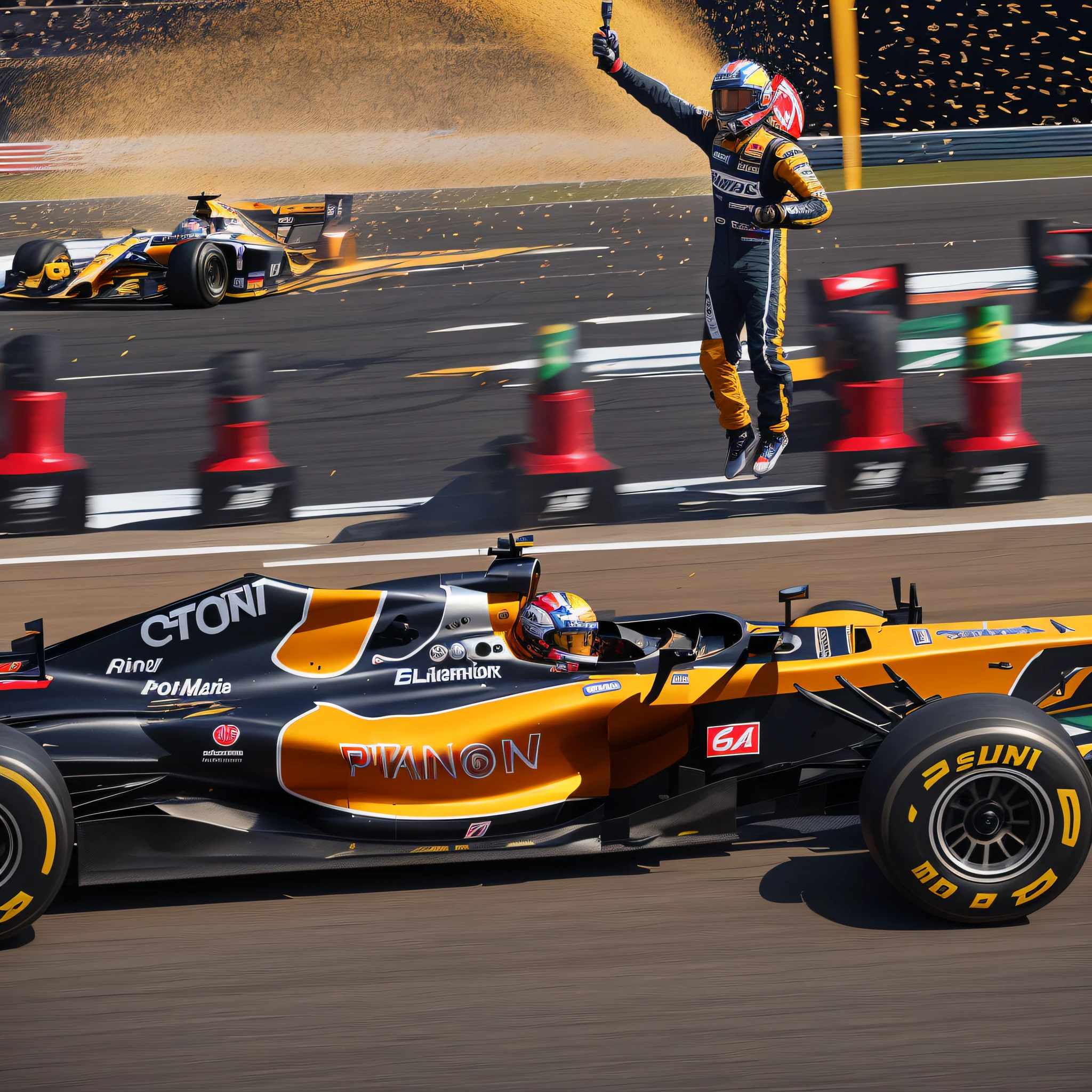 Create an exhilarating image of an F1 pilot celebrating a race victory. Picture the pilot standing atop the podium, holding up the winner's trophy with a triumphant expression. Show the pilot wearing their racing suit and helmet, adorned with sponsor logos and racing colors. Capture the energy and excitement of the moment by depicting confetti raining down, champagne spraying, and the cheers of the crowd in the background. Use dynamic angles and motion blur to convey the speed and adrenaline of the race. Include elements such as the F1 cars lined up on the track or the team members celebrating in the pit lane to enhance the atmosphere. This image should capture the elation and sense of achievement that comes with winning an F1 race, showcasing the skill, determination, and passion of the victorious pilot. --auto --s2