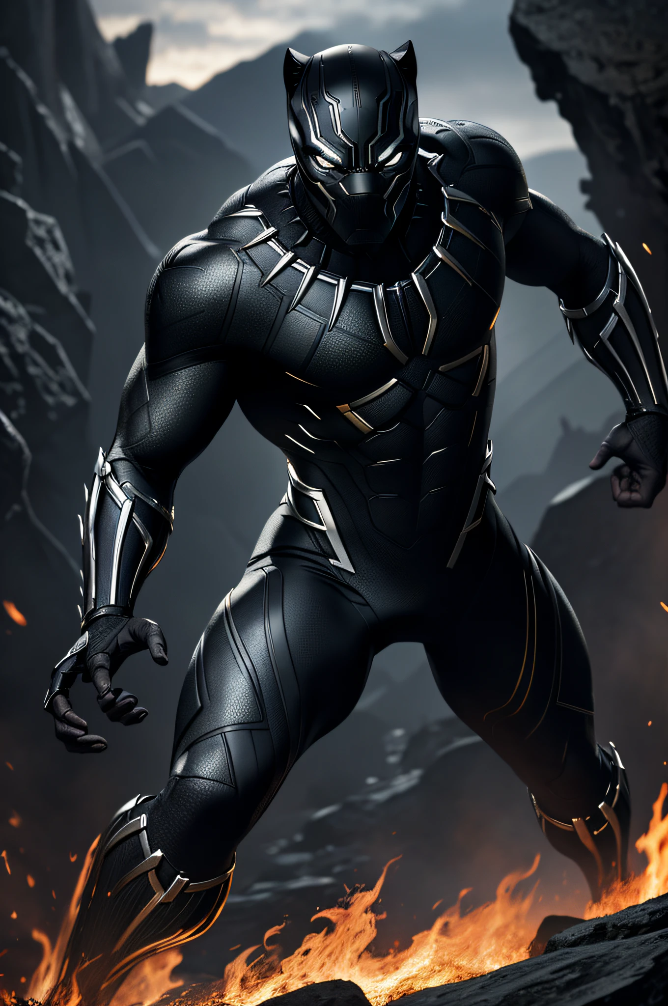 (8k, RAW photo, best quality, masterpiece: 1.2), ultra detailed, official art, photo-realistic: 1.37, upper body shot, Black Panther wonder, film grain, attack pose