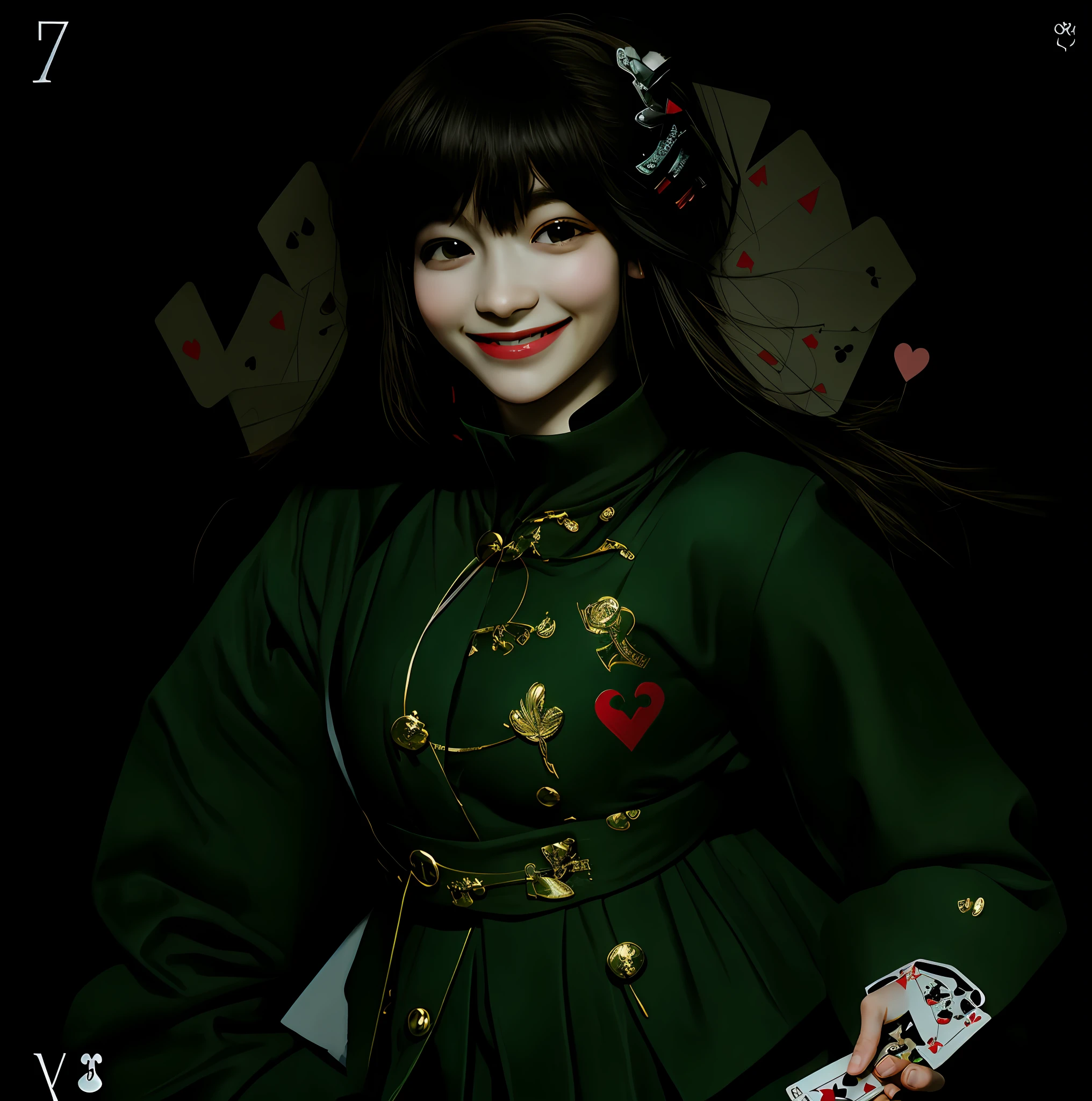 Facing me and smiling, looking happy, holding a playing card