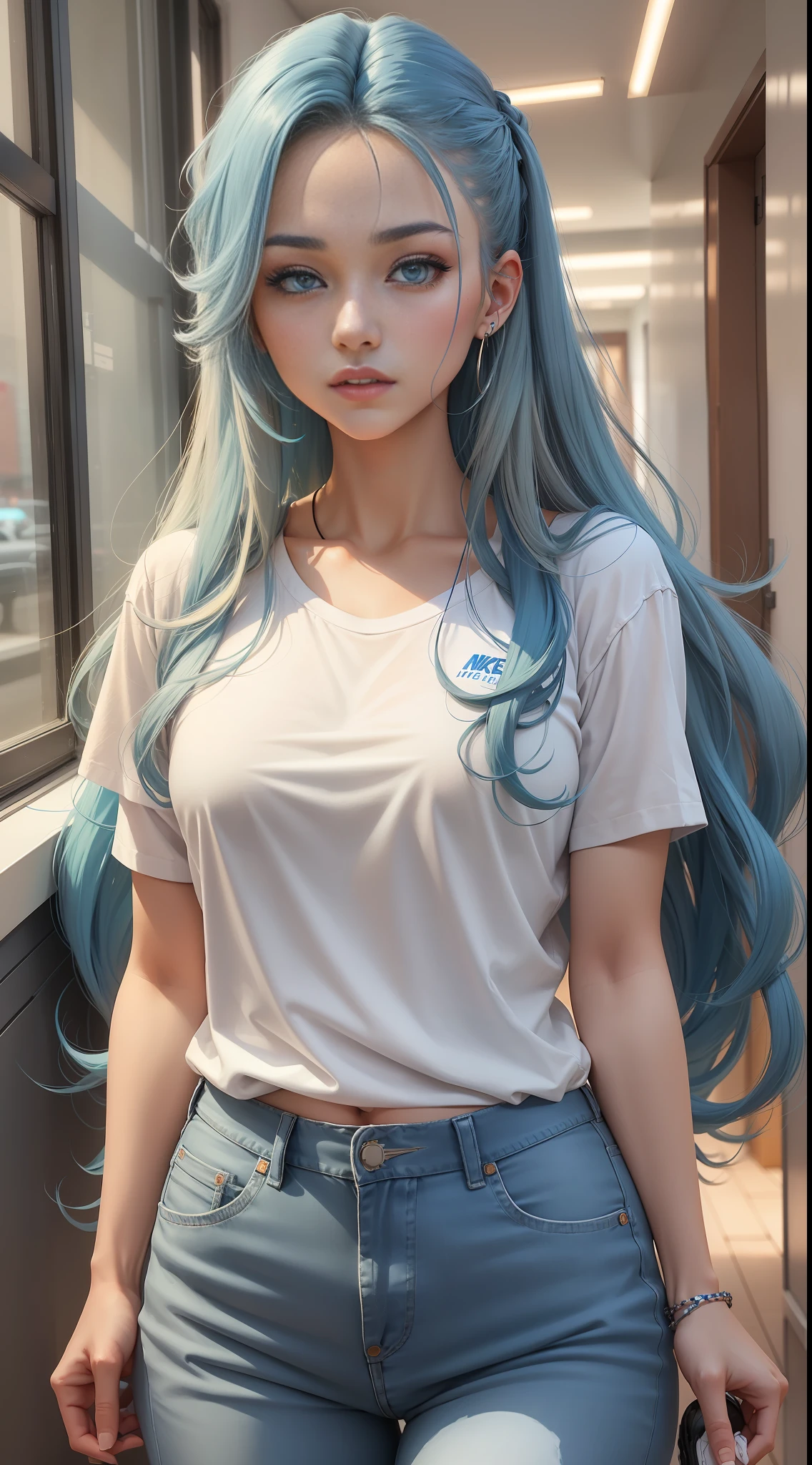 A woman in a white shirt and jeans is playing a video game, minimalist style, wearing elegant casual clothes, soft blue, simple clothes, milk and blue style, casual clothing style, modern fashion clothing, wearing fisherman, casual modern clothing, inspo, blue clothes, blue pants, neutral tones, rred and white color scheme, casual business wear, scary face, nike shoes, 22 years old, adult face, long hair, ((blue hair))