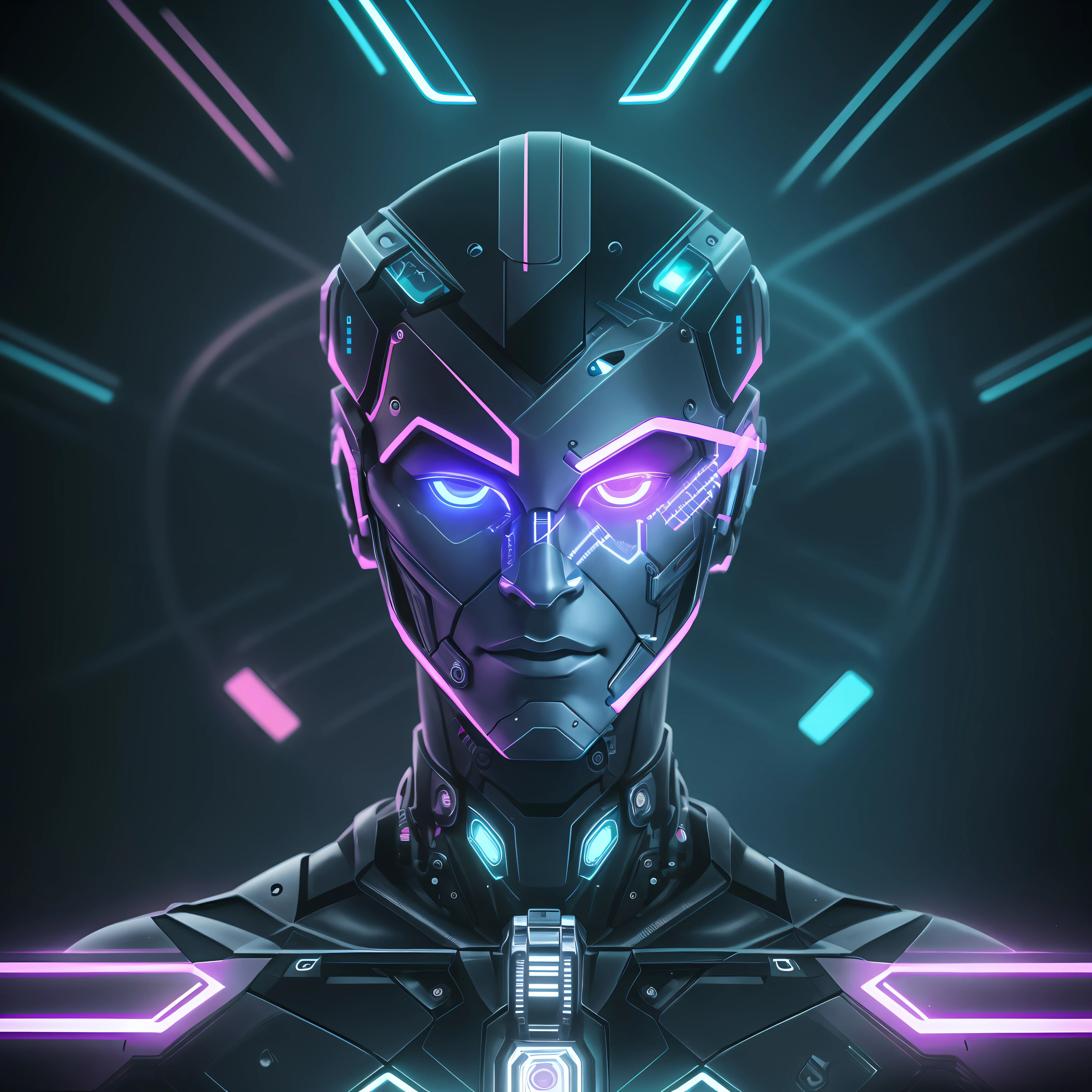 Image of a cyborg, half robot, half human with robotic part on his face. Futuristic neon background with written code --auto --s2