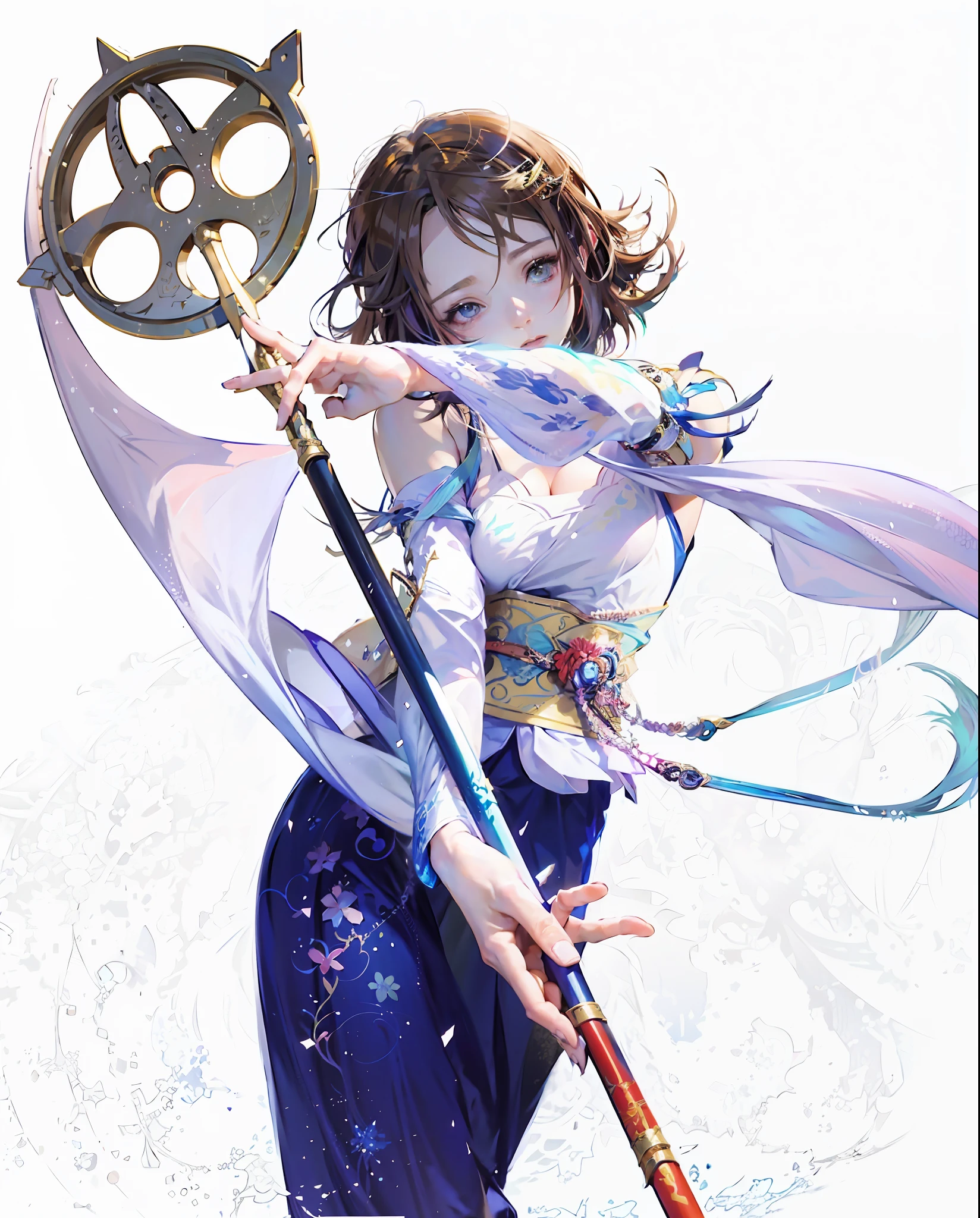 Final fantasy (Yuna) Anime girl with brown hair and a white kimono dress holding staff, beautiful character painting, dancing, soft anime CG art, realistic anime art style, beautiful anime portrait, beautiful anime woman, photorealistic anime girl rendering, Makoto Shinkai and Artgerm, realistic 3D anime style, anime realism style,  Anime Style Digital Art, Beautiful Anime Girl