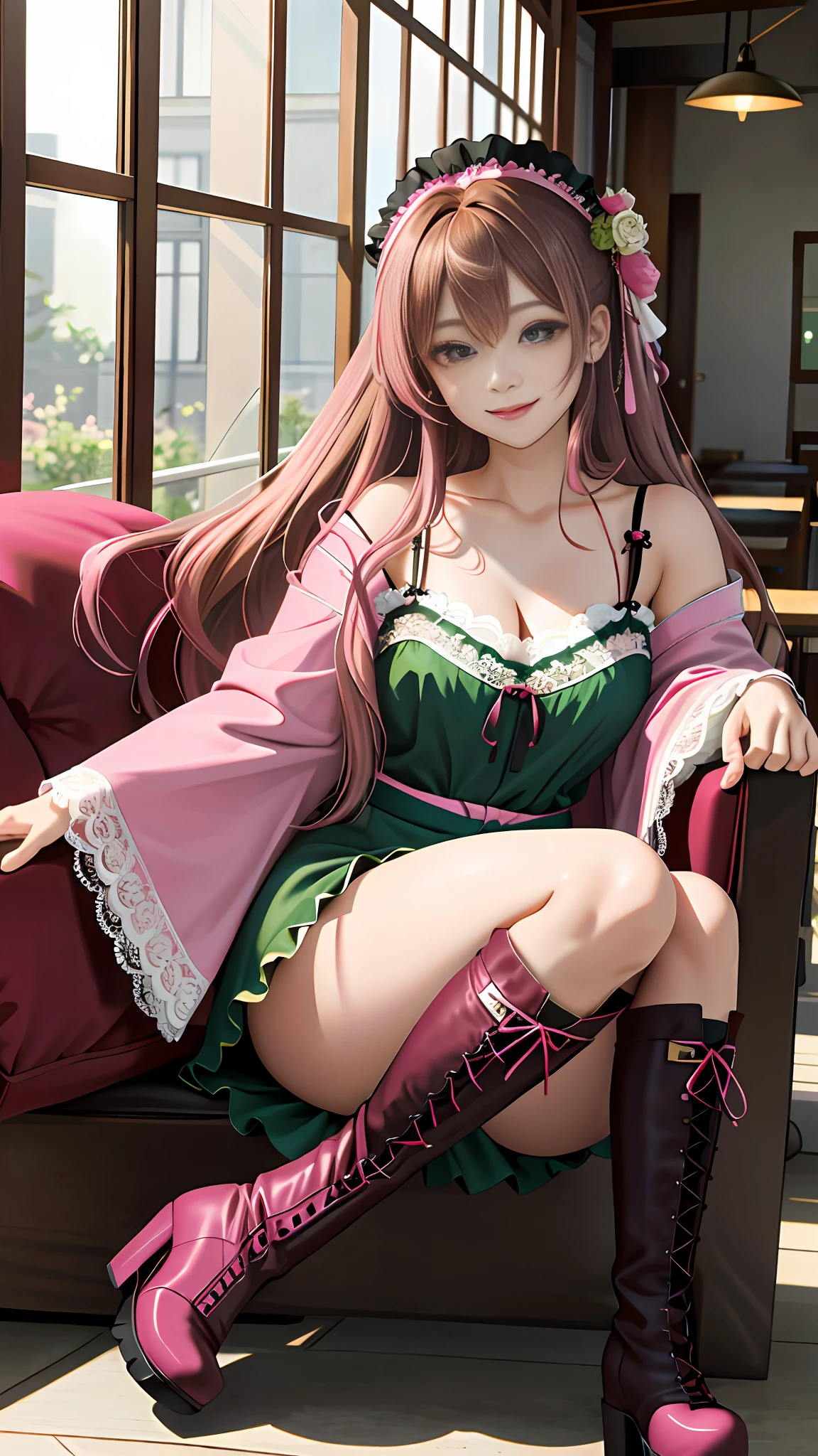 Masterpiece, top quality, super detail, beautiful lighting, one woman, 30 years old, (light brown hair: 1.4) and pink hair mixed hair, long straight hair with dull bangs, large drooping eyes (emerald green eyes), +_+, gothic lolita,(kimono:1.2),(camisole:1.2),lace-up boots, platform boots, smiling, looking at the viewer, full body wide angle, cafe