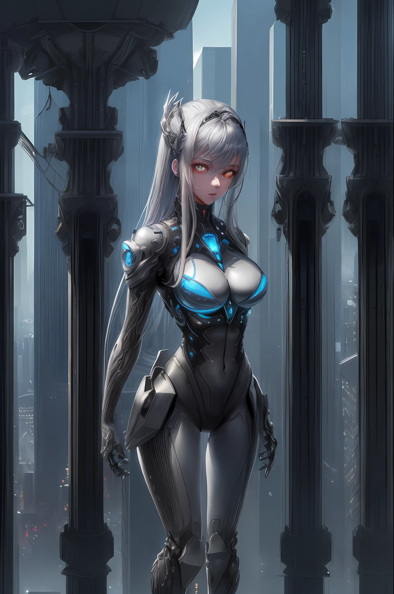 1mechanical girl, ((ultra realistic details)), ((perfect body)), ((perfect hands)), ((sexy poture)), ((focus character: 1.4), portrait, global illumination, shadows, silver, octane render, 8k, ultra sharp, metal, intricate, ornaments detailed, cold colors, egypician detail, white black body suit, (blue silve hair), (beauty princess), highly intricate details, realistic light, trending on cgsociety, glowing eyes, facing camera, neon details, machanical limbs, blood vessels connected to tubes, mechanical vertebra attaching to back, mechanical cervial attaching to neck, standing,wires and cables connecting to head, ((city skyscraper above :1.5))